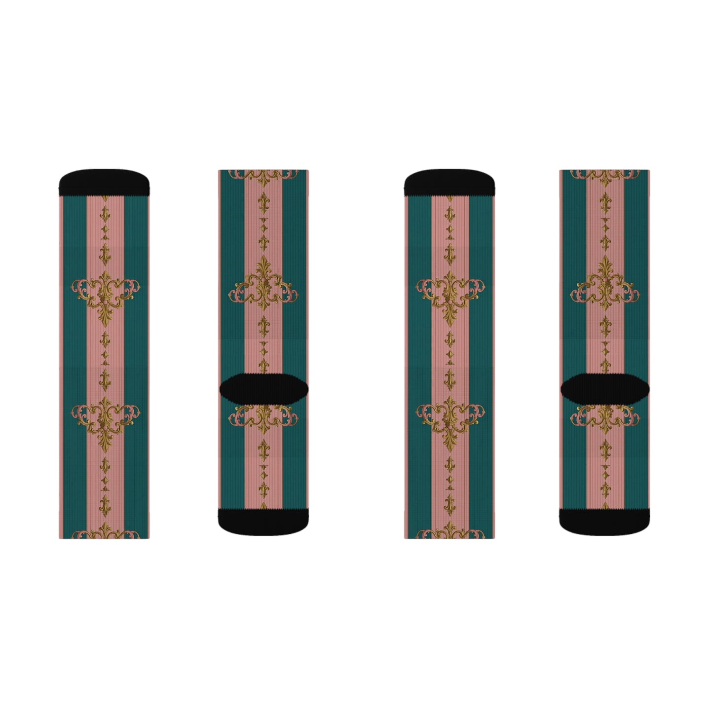Chic Sublimation Socks, Fashion Accessories, Gift for Her, Trendy Socks, Unique Design, Casual Wear - Pink & Teal Striped Gold Baroque