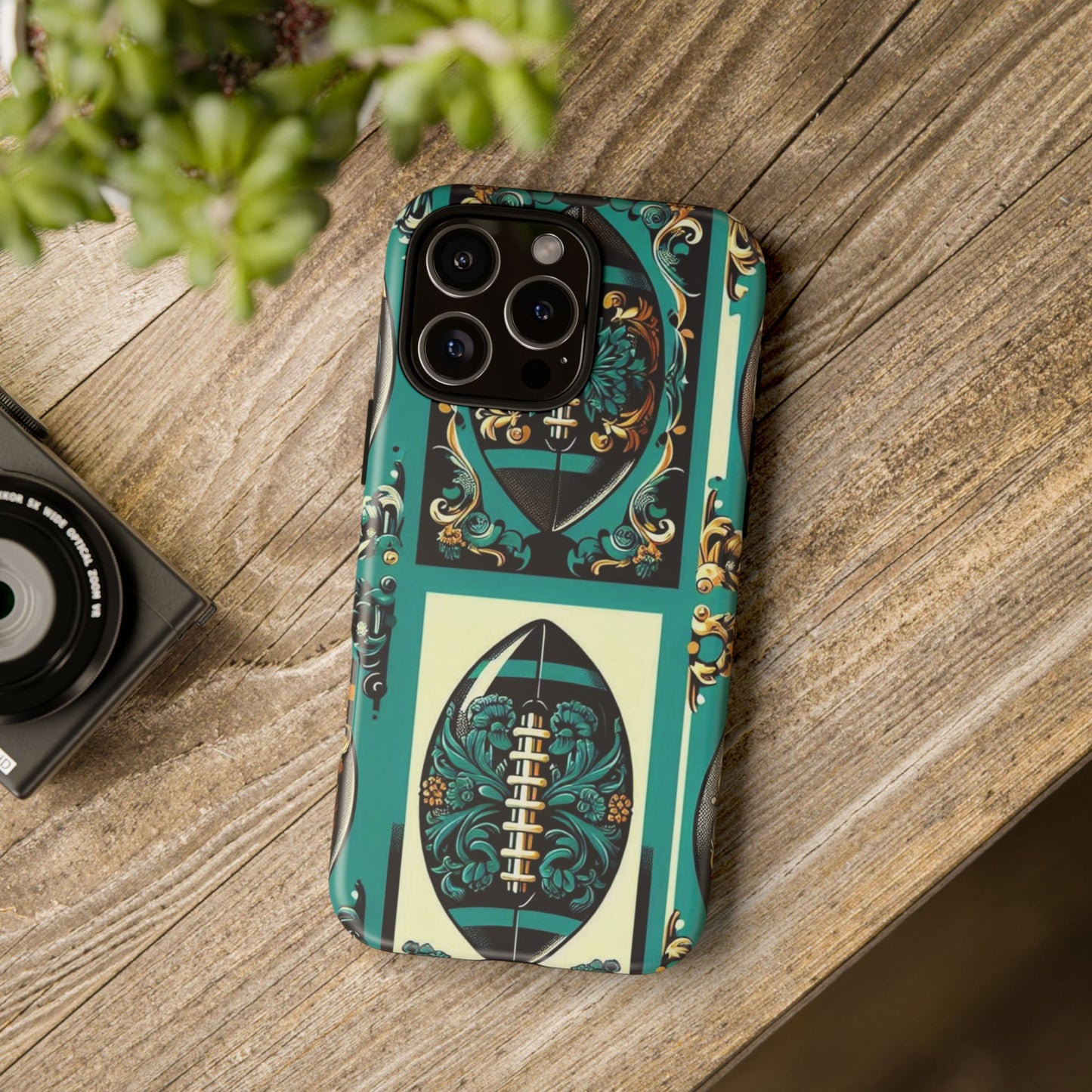 Elegant Floral Motif Phone Case - Tough Cases with Vintage Design -  Damask Teal, Gold & Black Footballs