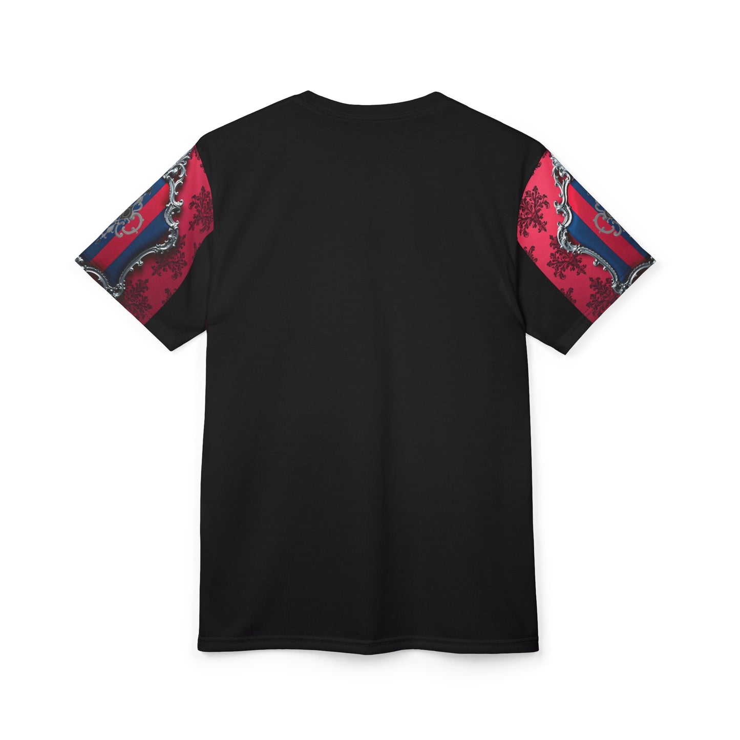 Baroque Elegance Unisex Tee, Unique Graphic T-Shirt, Bold Fashion Statement, Gift for Art Lovers - Blue & Red Striped Silver Crest