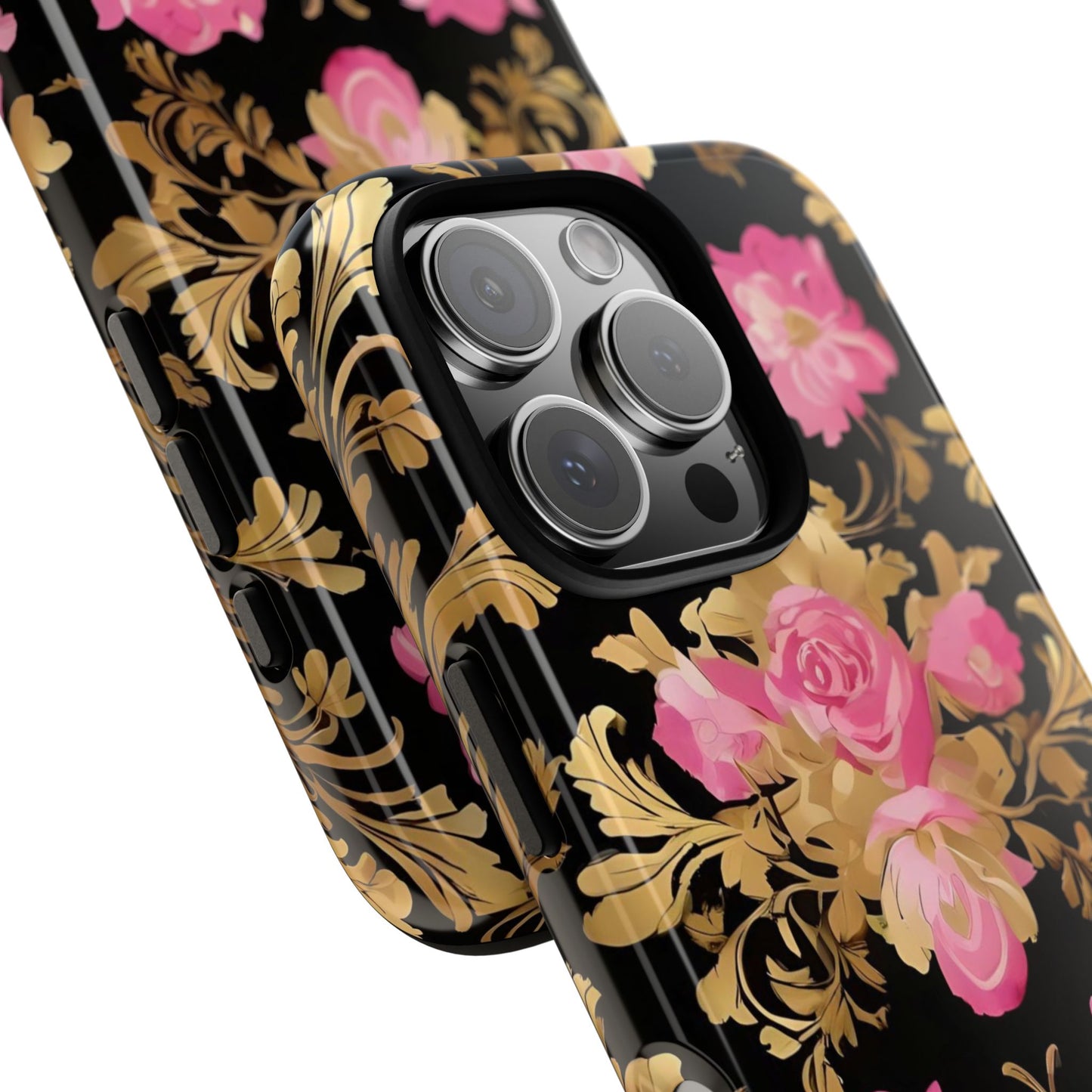 Elegant Floral Motif Phone Case - Tough Cases with Vintage Design - Pink & Gold Roses