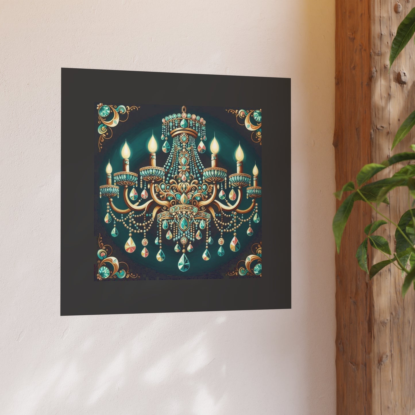 Elegant Chandelier Poster - Luxurious Wall Art for Home Décor - Teal Jeweled Chandelier