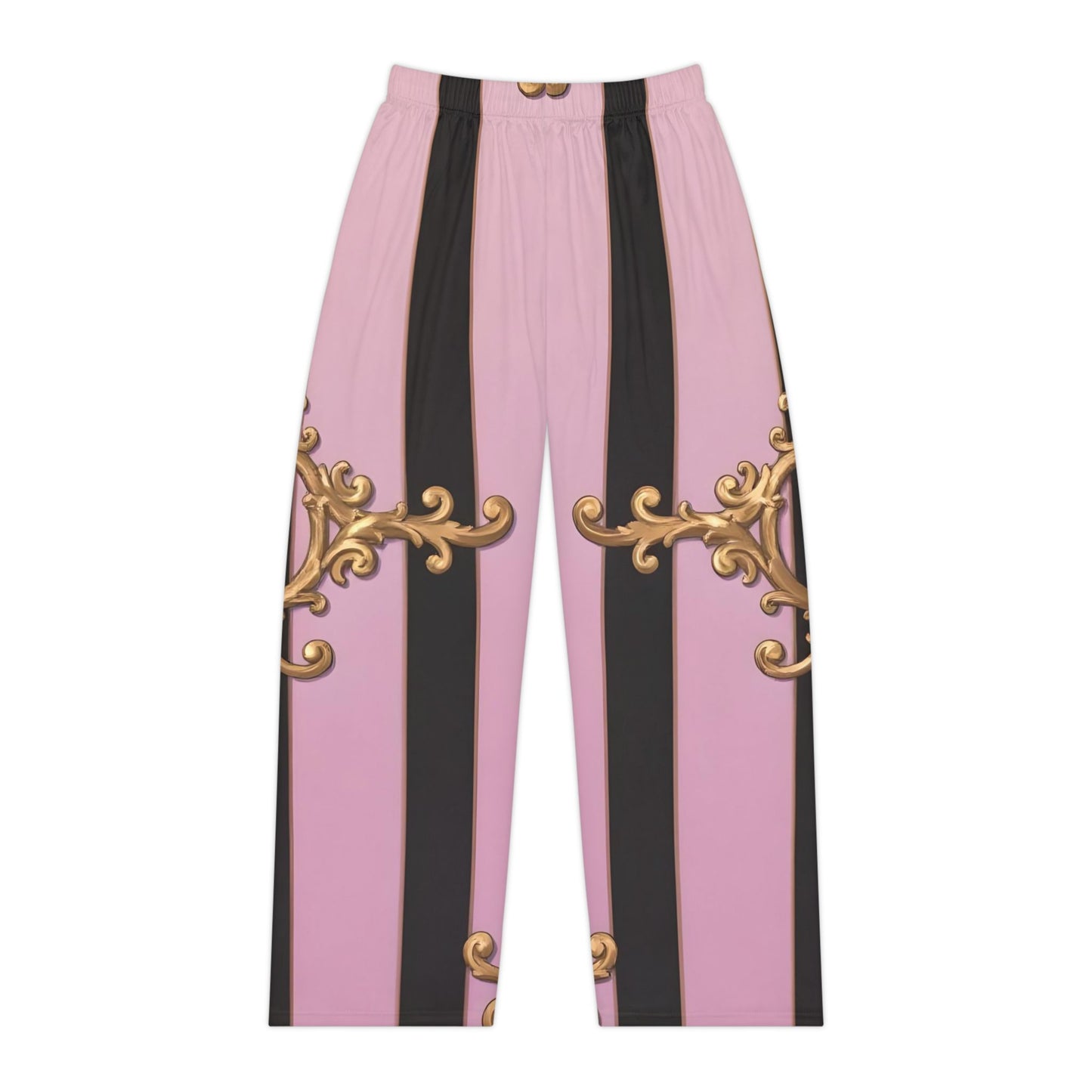 Elegant Women's Pajama Pants, Stylish Loungewear, Cozy Sleepwear, Gift for Her - Matte Lavender & Black Striped Gold Baroque