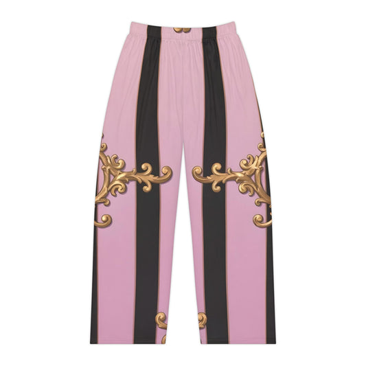 Elegant Women's Pajama Pants, Stylish Loungewear, Cozy Sleepwear, Gift for Her - Matte Lavender & Black Striped Gold Baroque