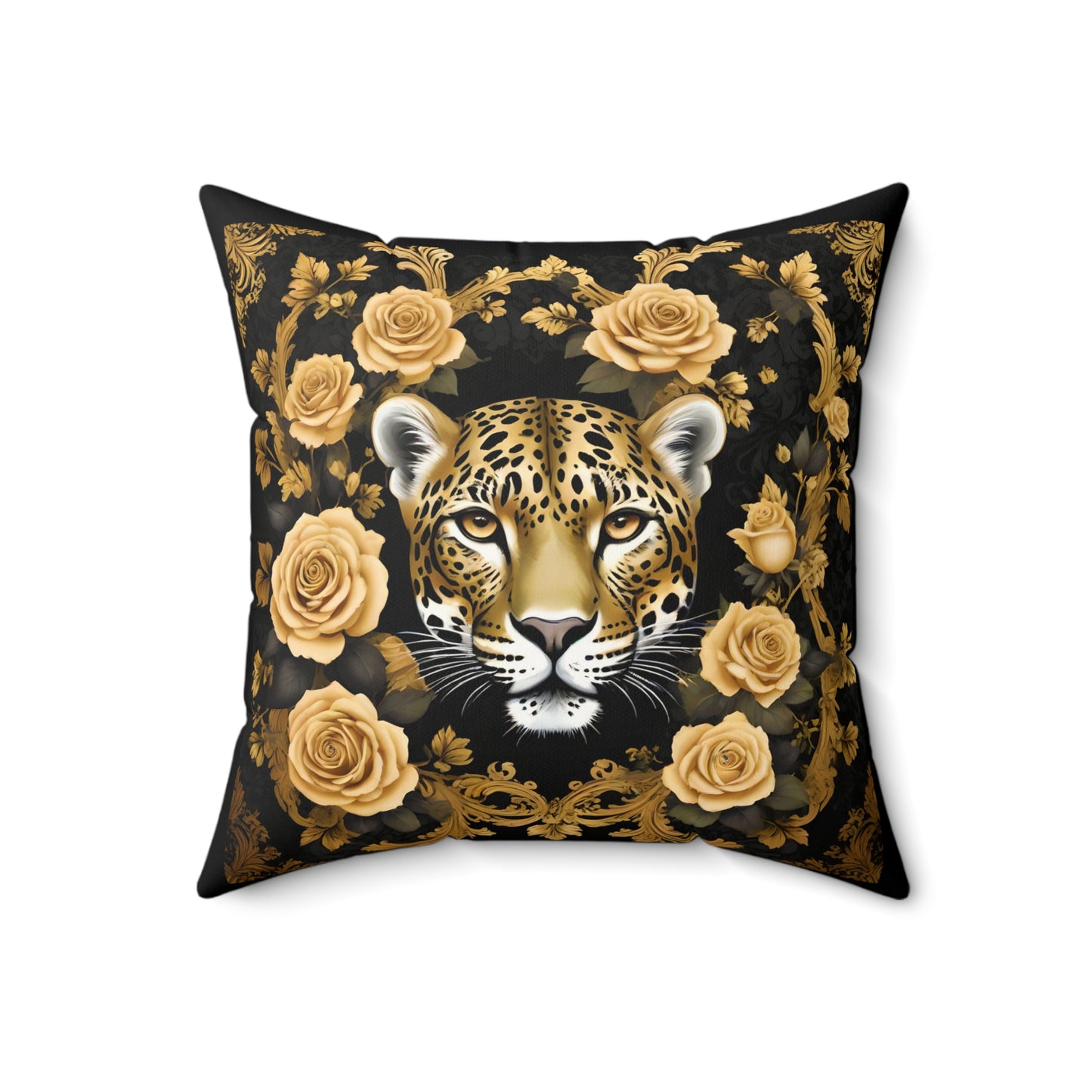 Luxury Leopard Print Faux Suede Square Pillow with Gold Roses | Elegant Home Decor - Gold Leopard