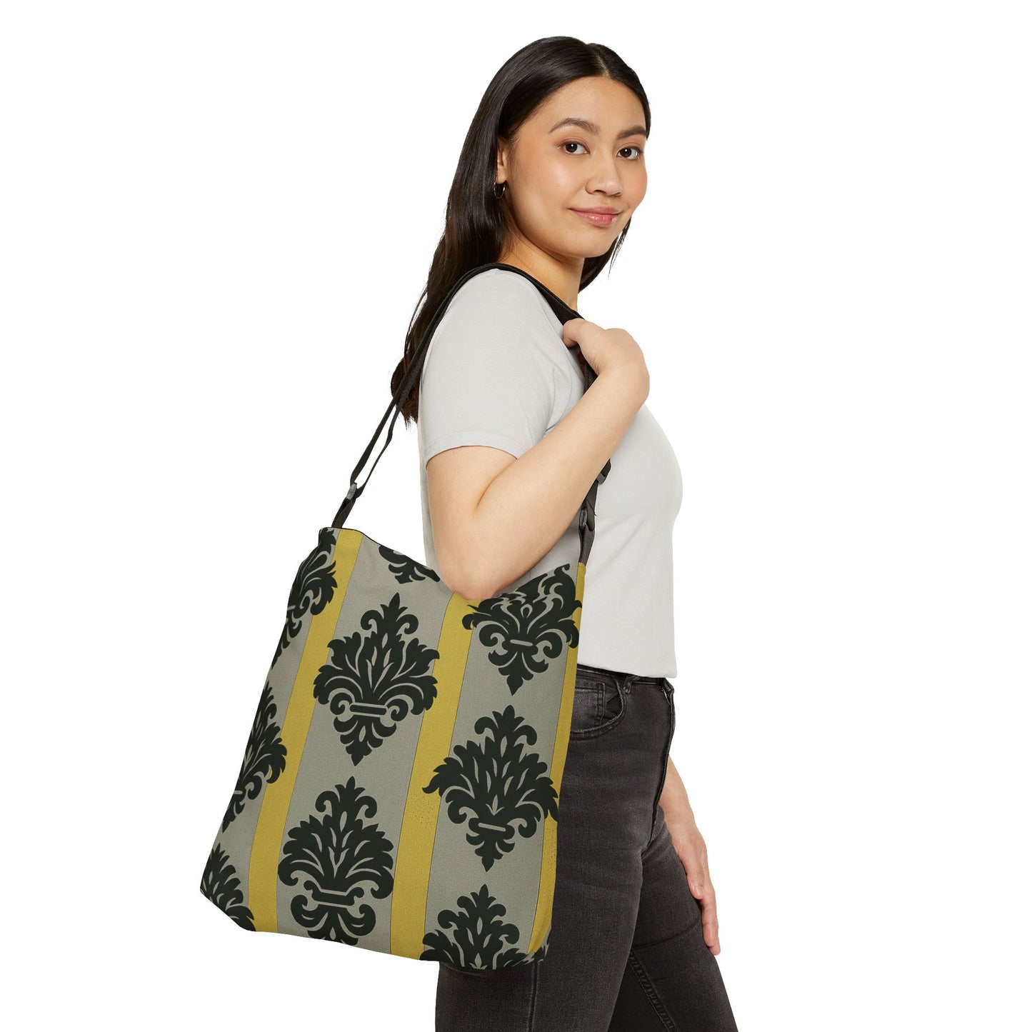 Elegant Vintage Baroque Adjustable Tote Bag | Perfect for Everyday Use, Gift Ideas, Fashion Accessory - Silver & Gold Striped Black Baroque