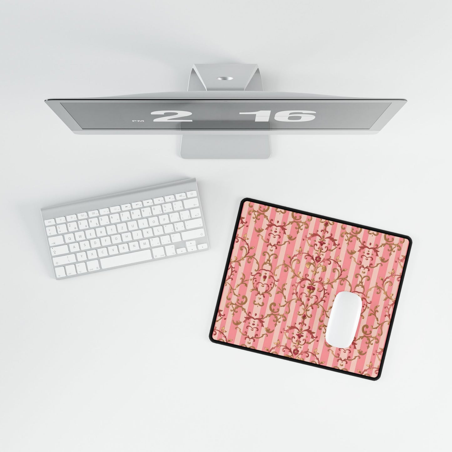 Elegant Floral Motif Desk Mat for Home Office Decor - Pink Striped Rose Gold Damask