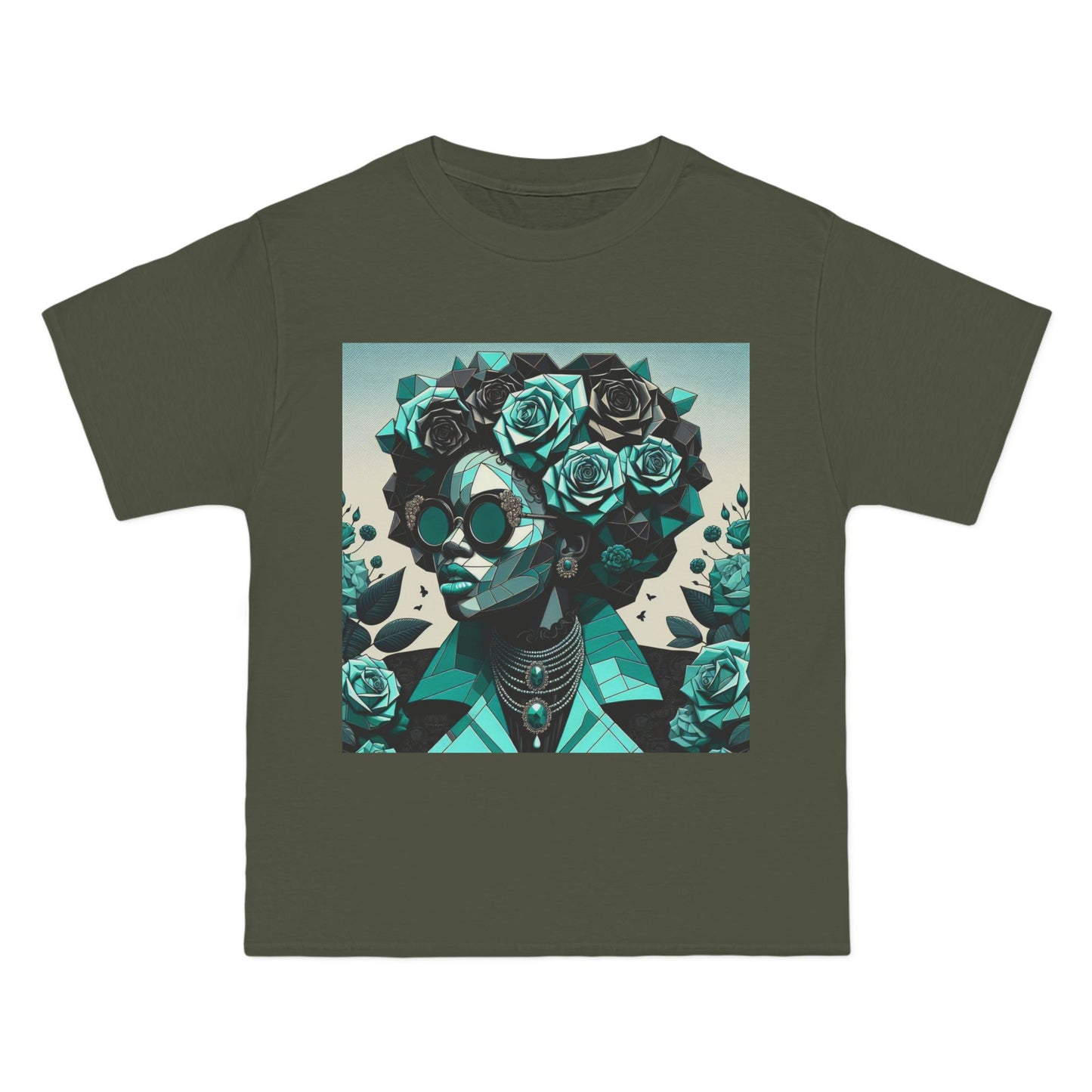 Trendy Floral Graphic Tee | Artistic Short-Sleeve Shirt, Fashionable Summer Top, Chic Gift for Her - Turquoise & Black Roses Lady
