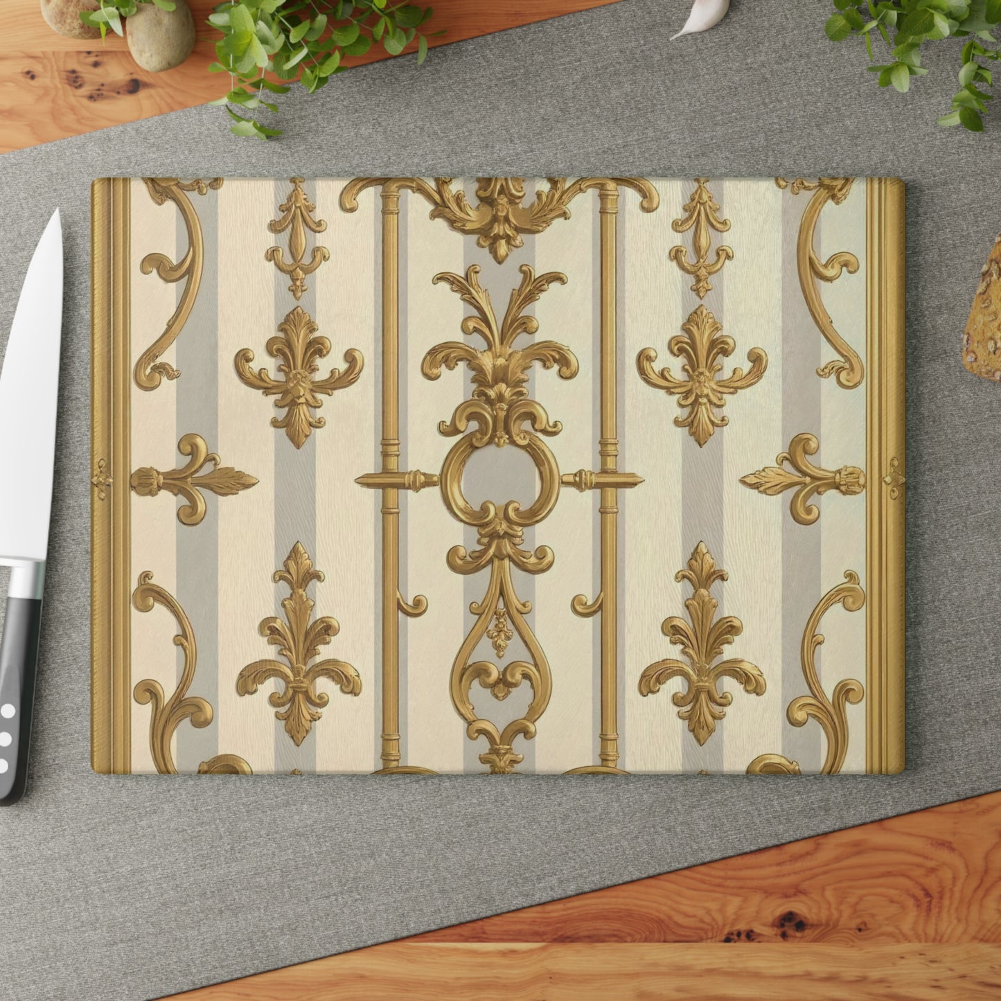 Ornate Glass Cutting Board - Elegant Kitchen Decor, Wedding Gift, Home Cook Gift - Matte Gray & Cream Striped Gold Baroque