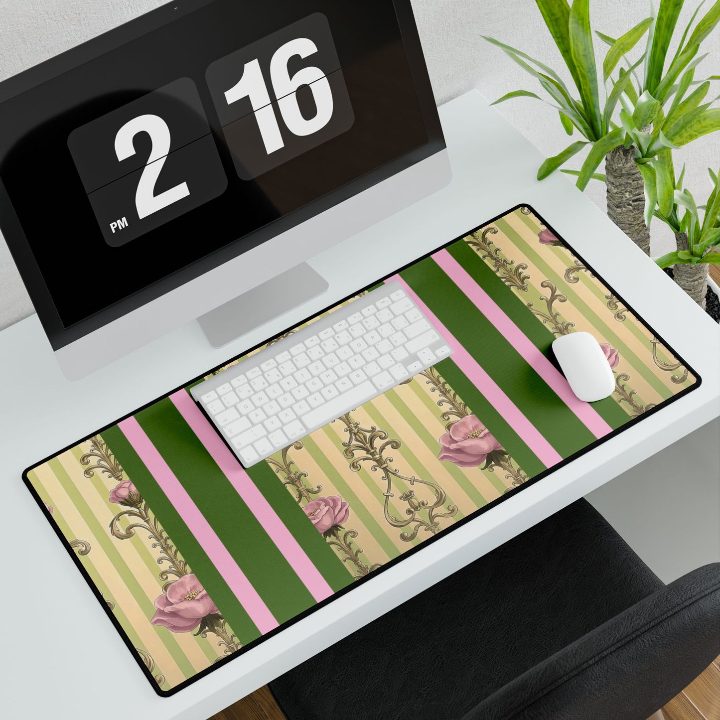 Elegant Floral Motif Desk Mat for Home Office Decor - Lime Green & Pink Striped Damask