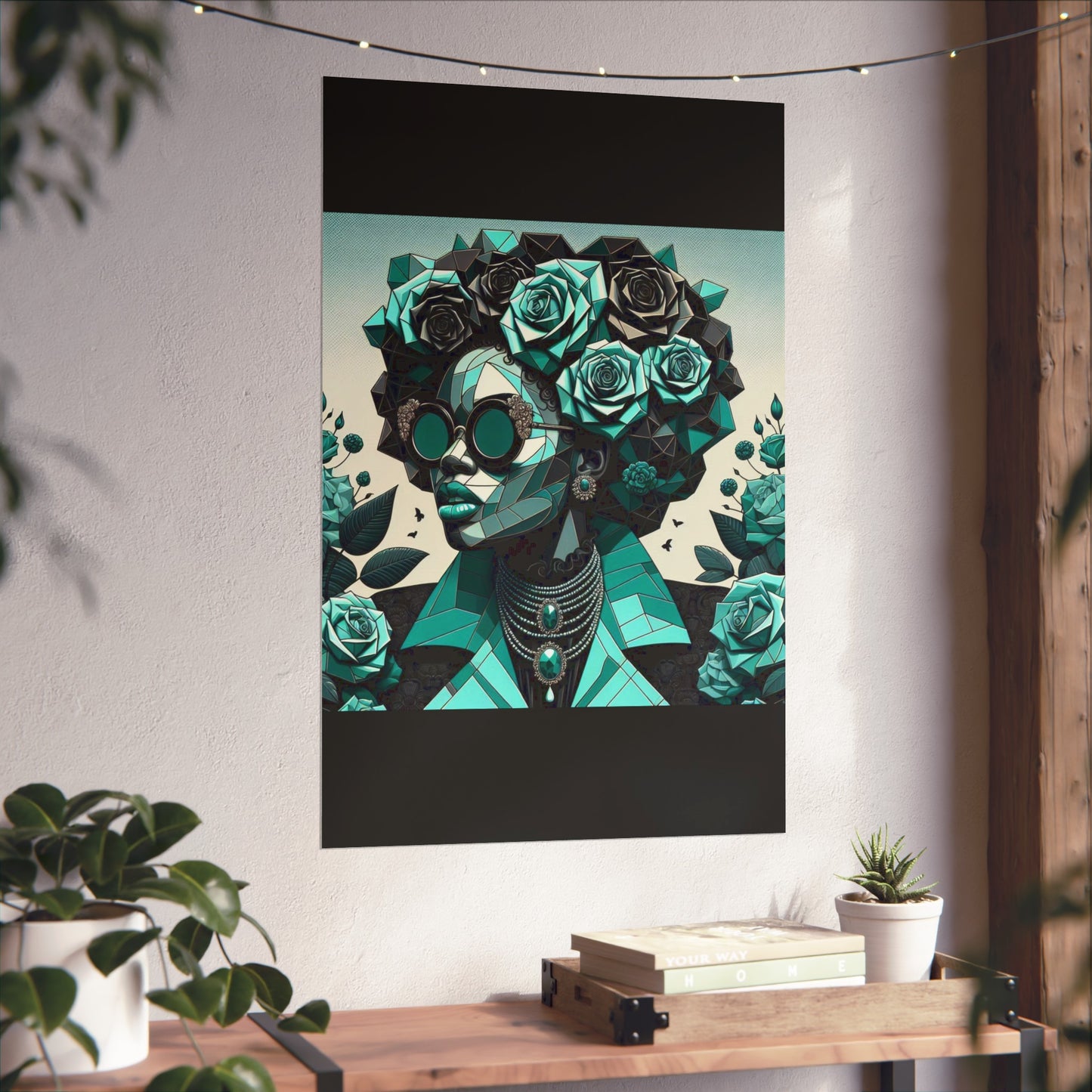 Chic Floral Fine Art Poster | Modern Wall Decor, Home Aesthetic, Gift for Art Lovers, Unique Room Makeover - Turquoise & Black Roses Lady