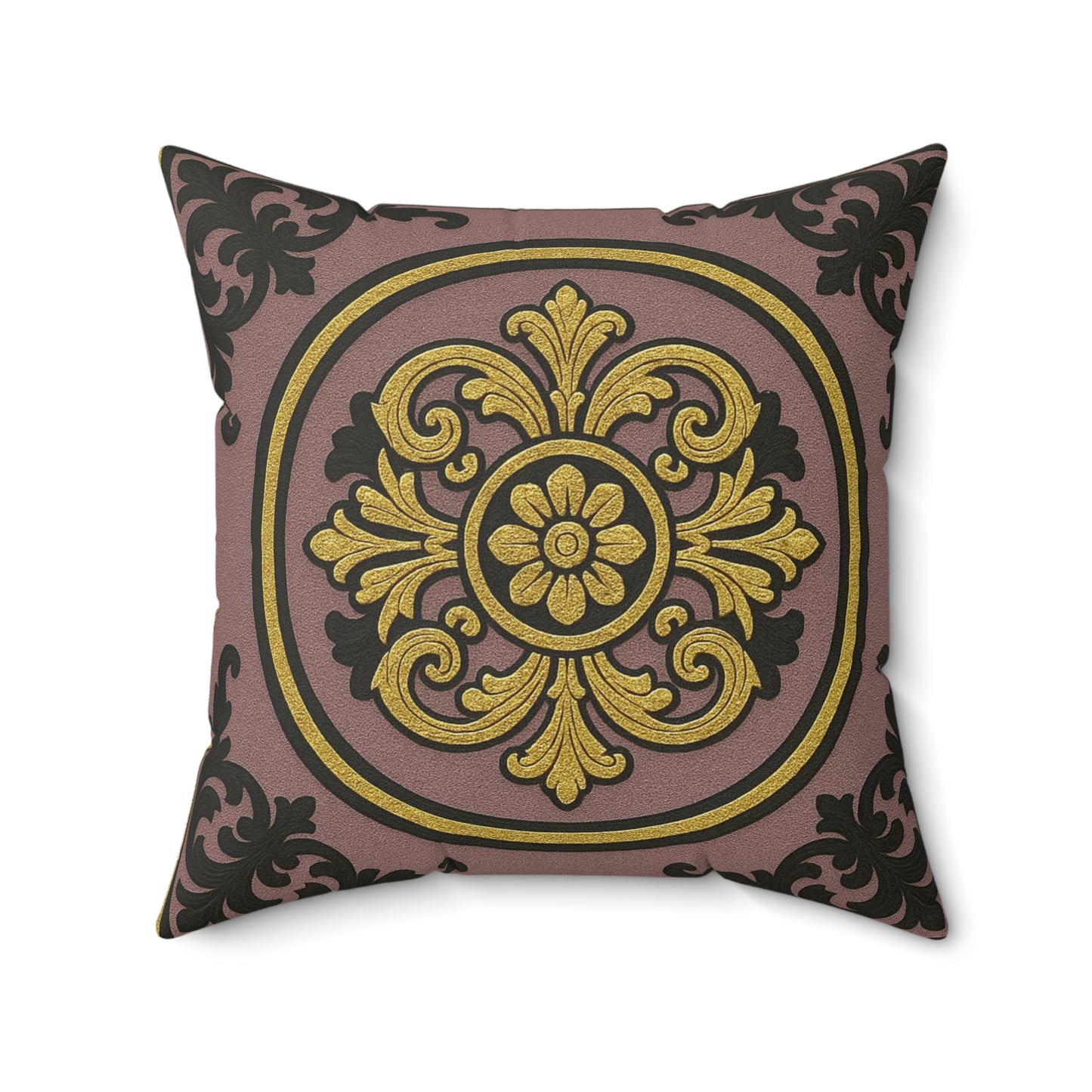 Elegant Gilded Mauve With Gold-Black Baroque Faux Suede Pillow, Decorative Cushion for Home Decor, Living Room Accent, Gift for Holidays