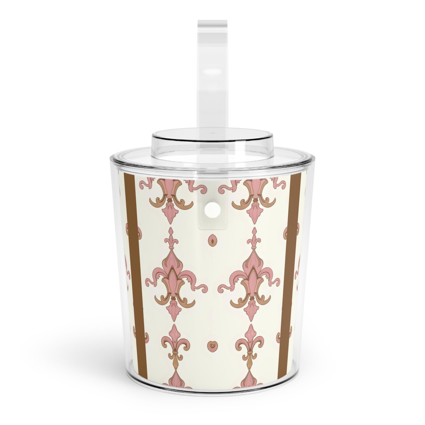 Elegant Decorative Ice Bucket with Tongs, Perfect for Parties, Weddings, Home Bars, Holiday Gatherings, Gift for Hosts - Brown Striped Pink Arabesque