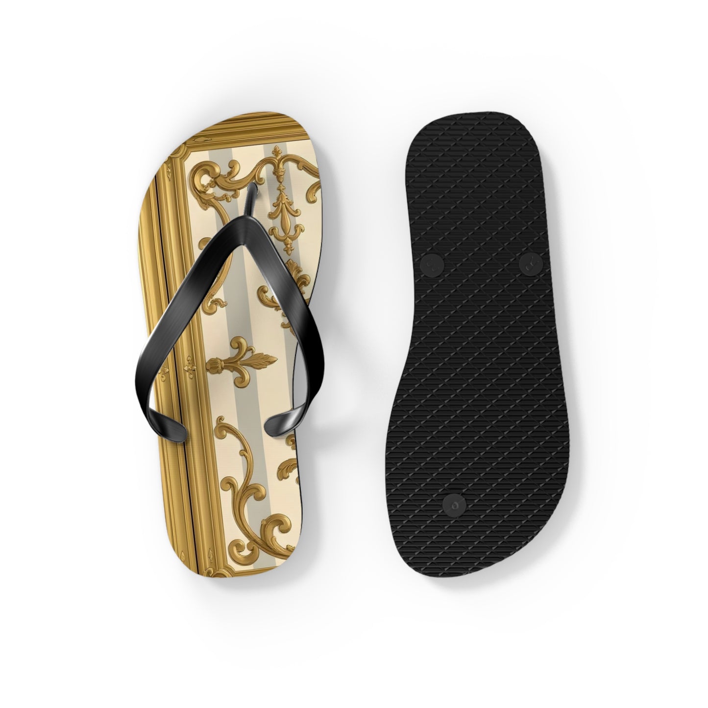 Chic Decorative Flip Flops for Beach, Summer Vibes, Vacation Footwear, Luxury Poolside Slippers - Matte Gray & Cream Striped Gold Baroque