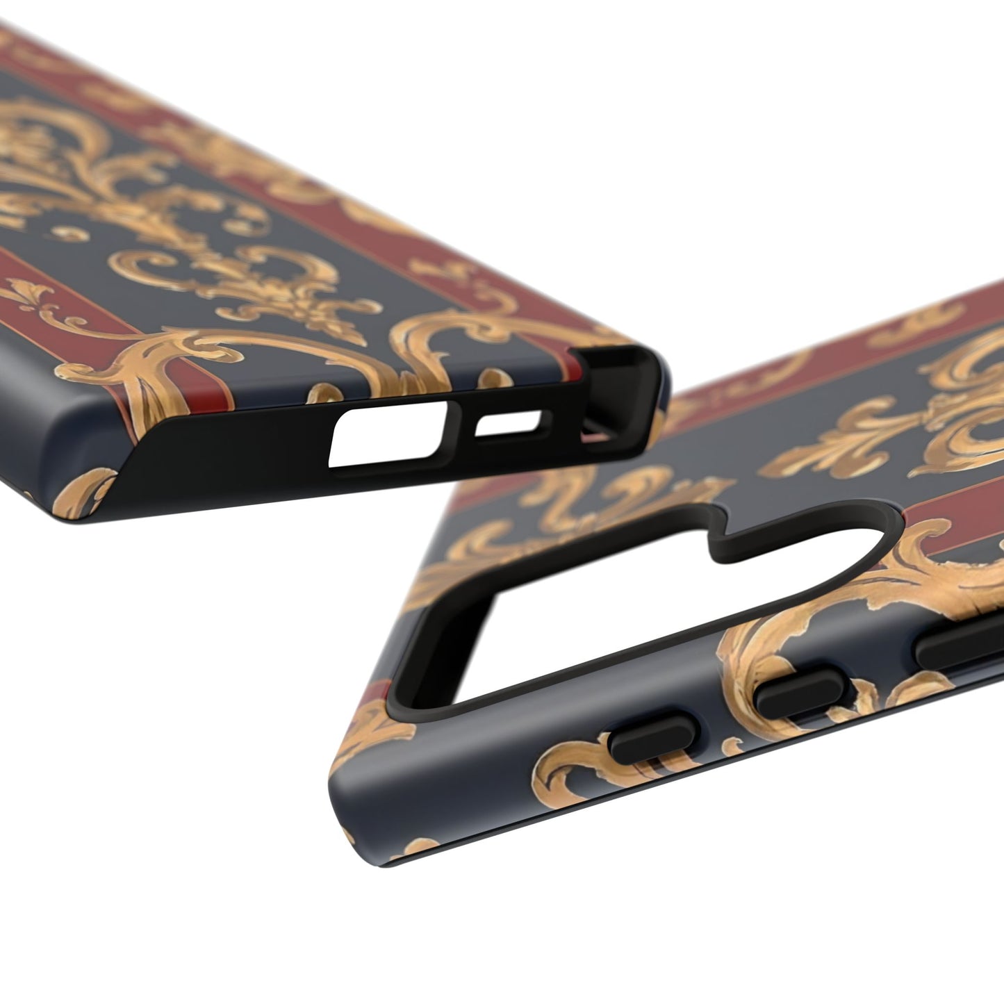 Elegant Floral Motif Phone Case - Tough Cases with Vintage Design - Midnight Blue & Dusk Red Striped Gold Damask