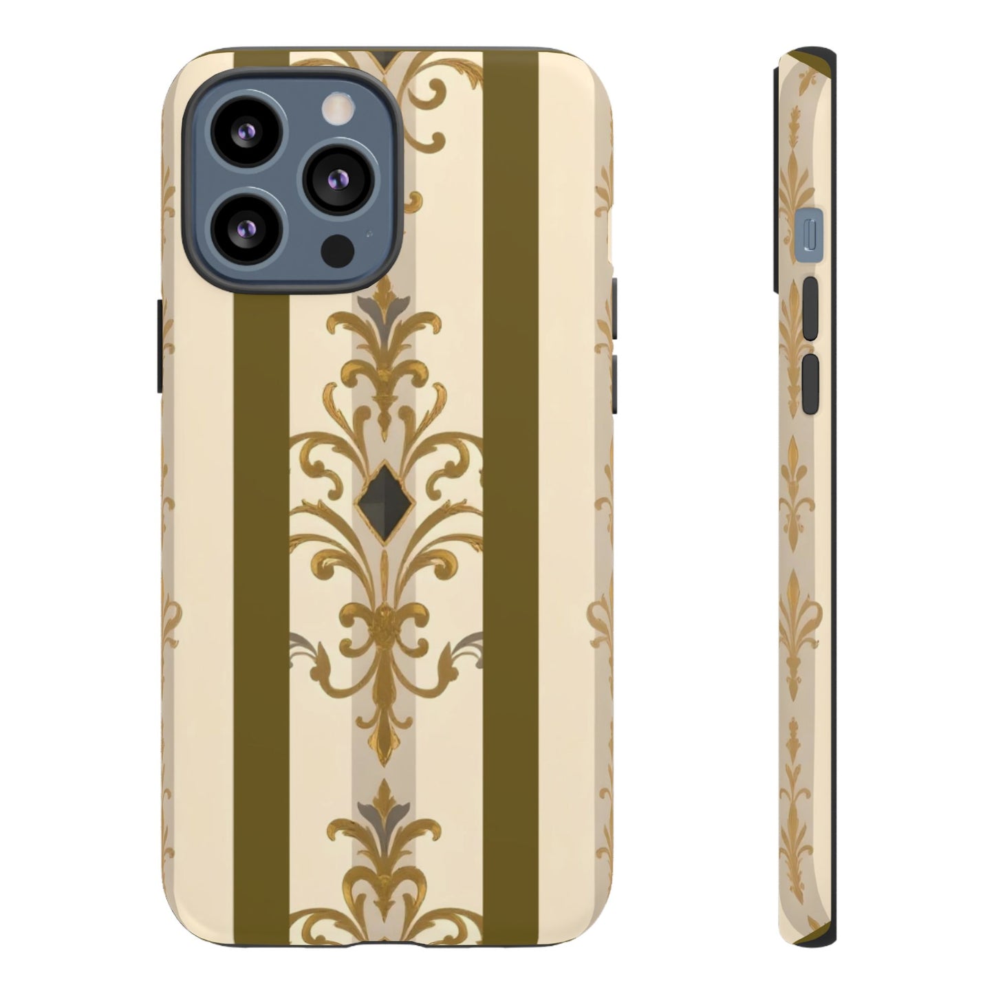 Elegant Floral Motif Phone Case - Tough Cases with Vintage Design - Olive Striped Gold Damask