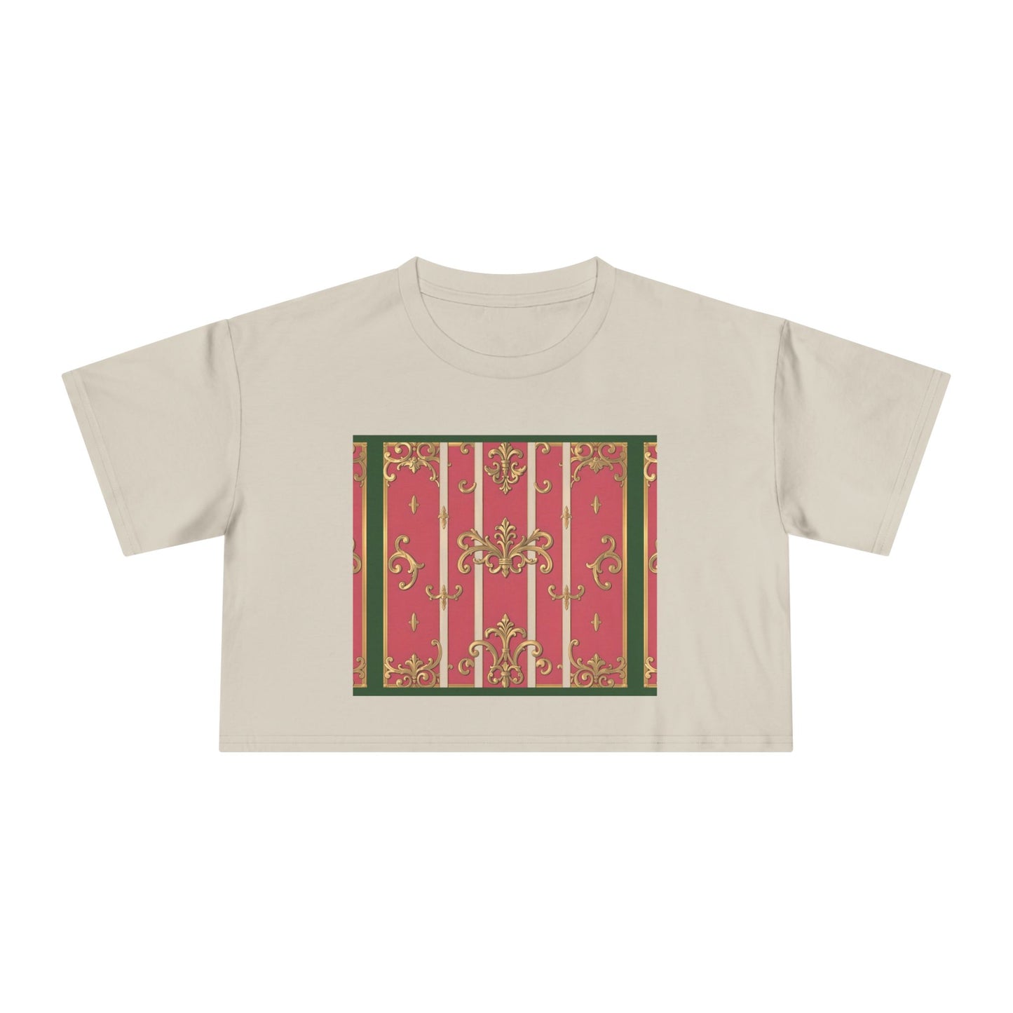 Chic Green Border Pink Striped Baroque Women's Crop Tee - Vintage Style Shirt for Casual Outings, Holidays, Gift Ideas, Spring Fashion, Trendy Top