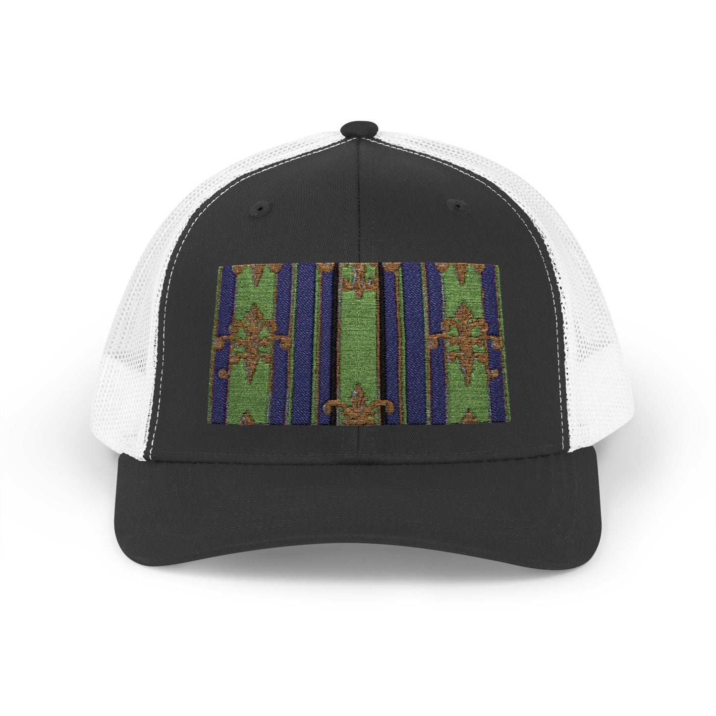 Vibrant Snapback Trucker Cap with Colorful Pattern, Baroque Hat for Festivals, Unisex Cap, Summer Accessory - Green Striped Gold Baroque