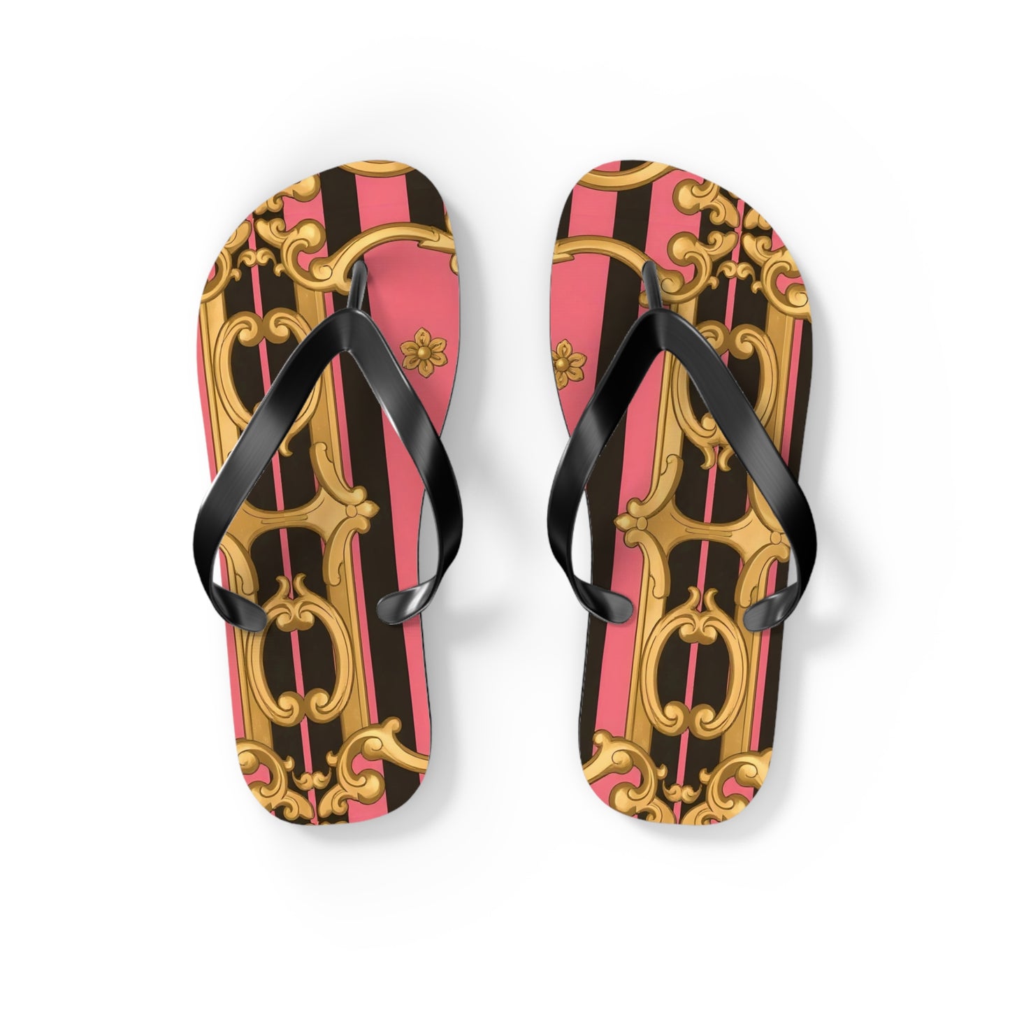 Chic Patterned Flip Flops - Stylish Summer Sandals, Beach Footwear, Pool Slides, Vacation Essentials, Gift for Her - Pink & Black Striped Gold Baroque