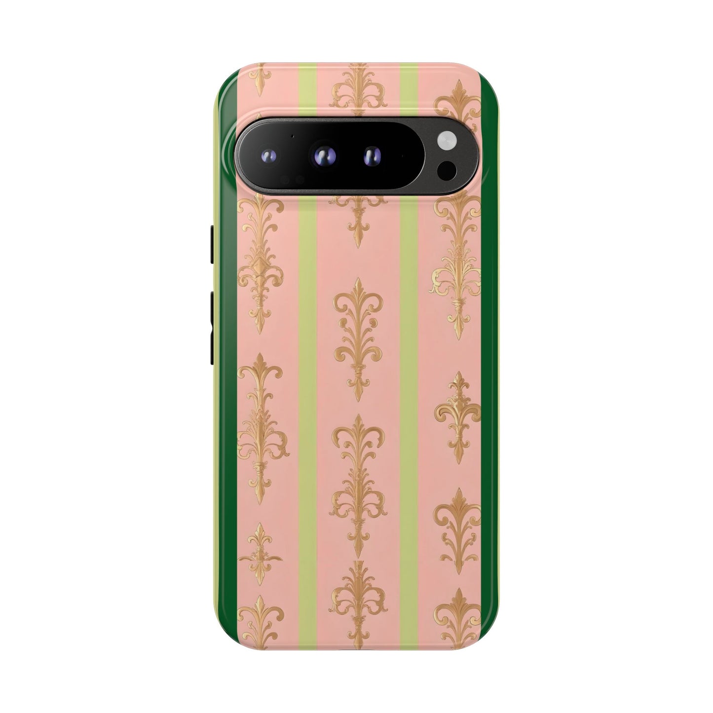 Elegant Floral Motif Phone Case - Tough Cases with Vintage Design - Lime Green & Pink Striped Damask