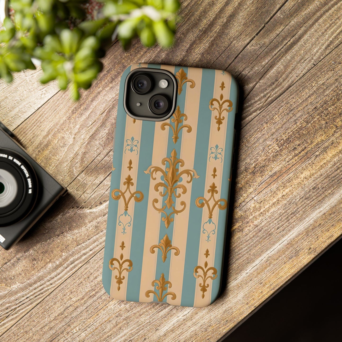 Elegant Floral Motif Phone Case - Tough Cases with Vintage Design -  Beige & Sky Blue Striped Gold Damask