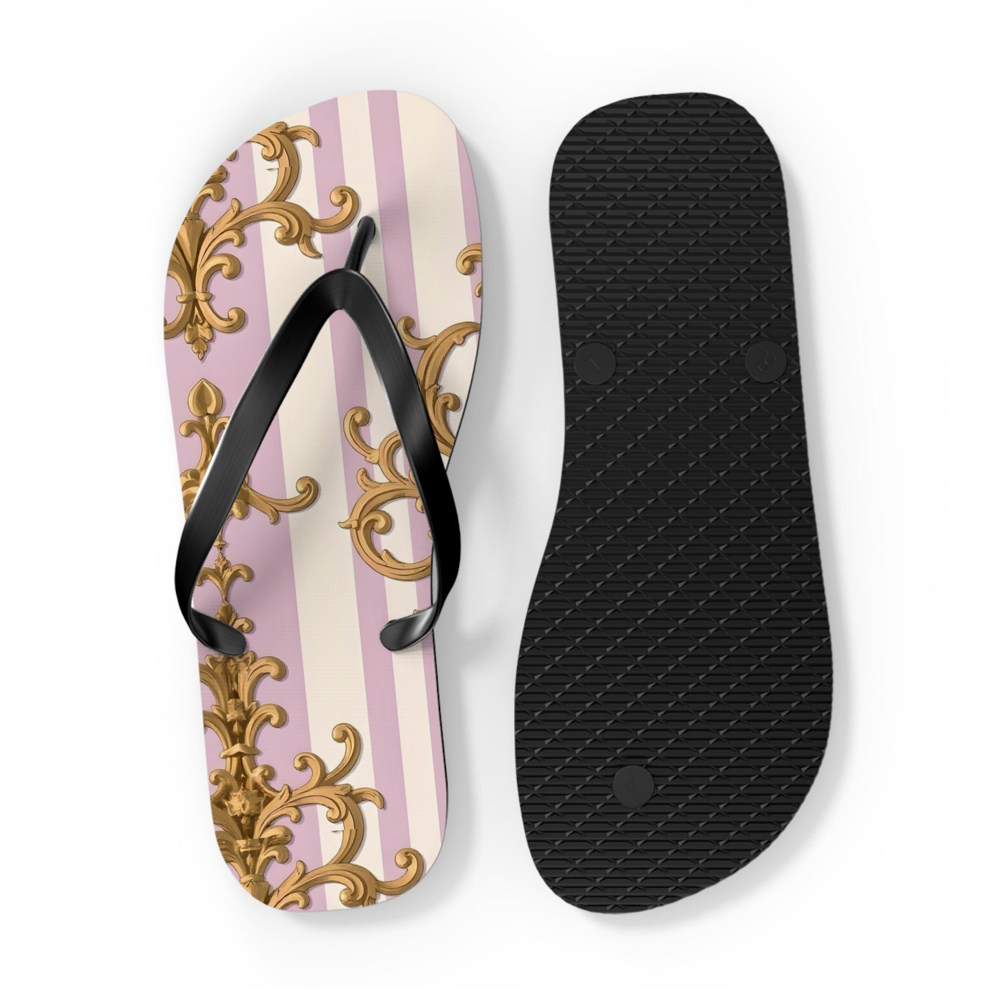 Chic Patterned Flip Flops for Stylish Summer Vibes, Beach Footwear, Vacation Sandals - Lilac & Alabaster Striped Gold Baroque