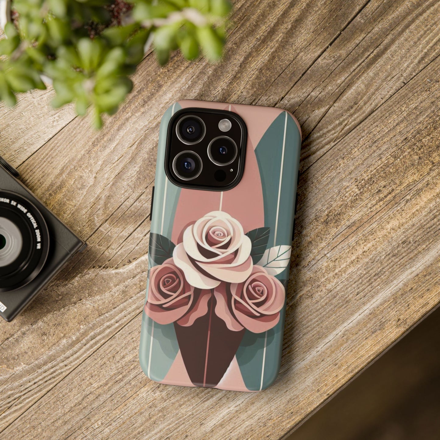 Phone Case - Burgundy, Matte Mauve & Teal Surfboard & Roses Design