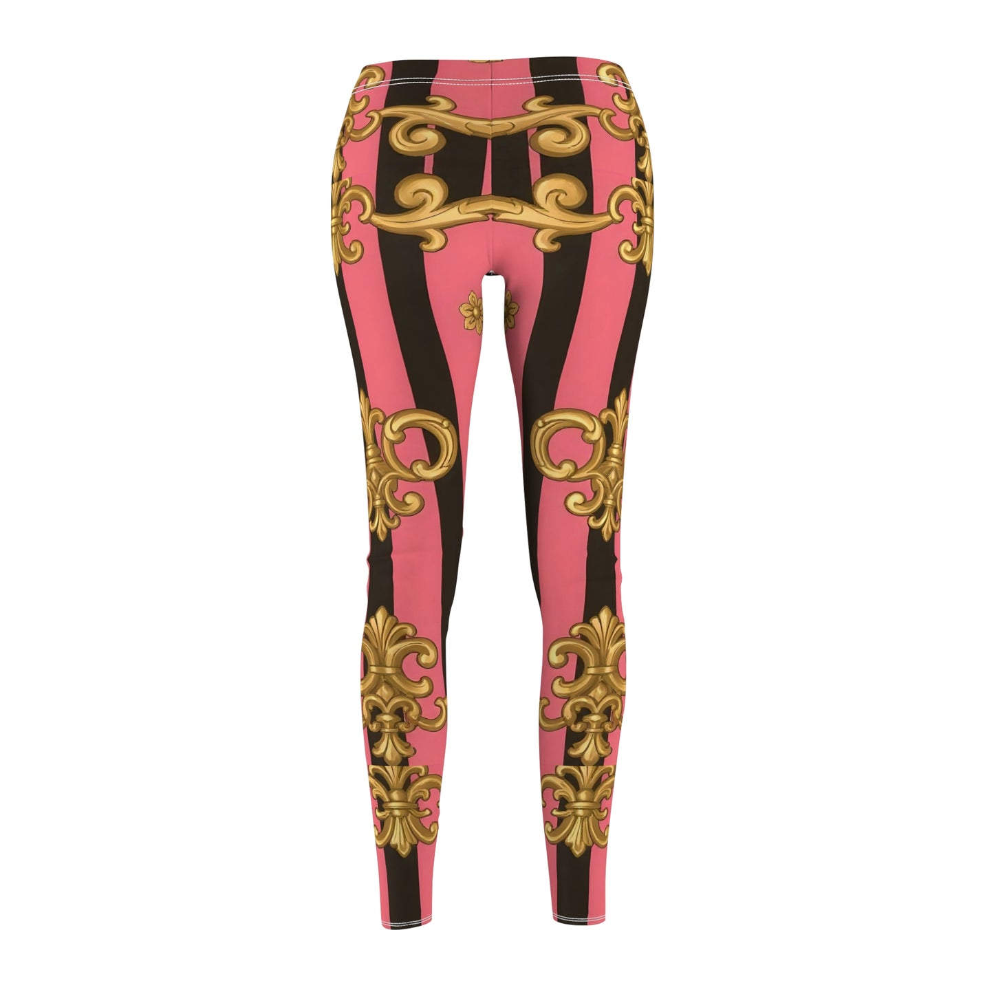 Chic Women's Leggings, Trendy Activewear, Casual Fashion, Gift for Her, Yoga, Fitness, Everyday Wear - Pink & Black Striped Gold Baroque