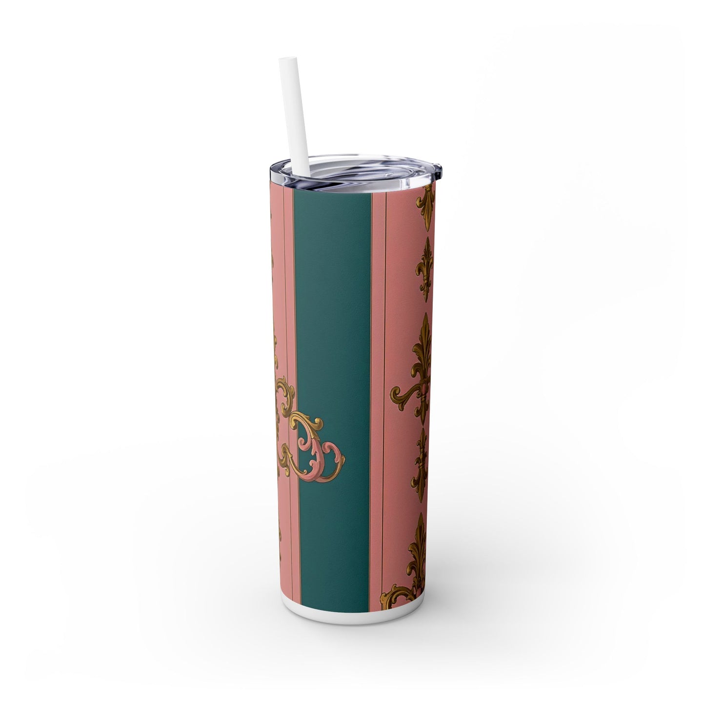 Elegant Pink and Green Skinny Tumbler with Straw, 20oz - Ideal for Gifts, Travel, Home, Events - Pink & Teal Striped Gold Baroque