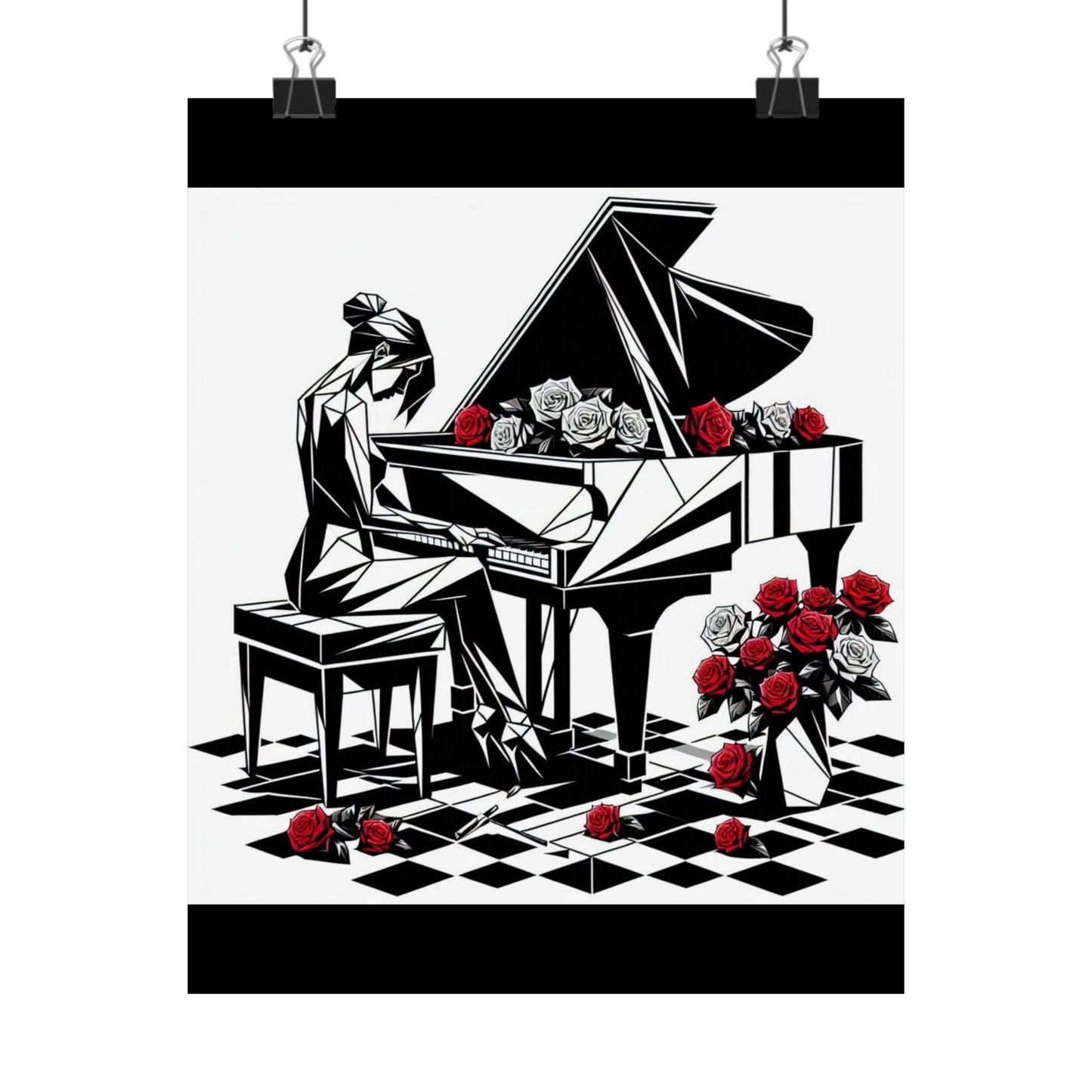 Vertical Poster - Black & White Grand Piano & Red Roses Design