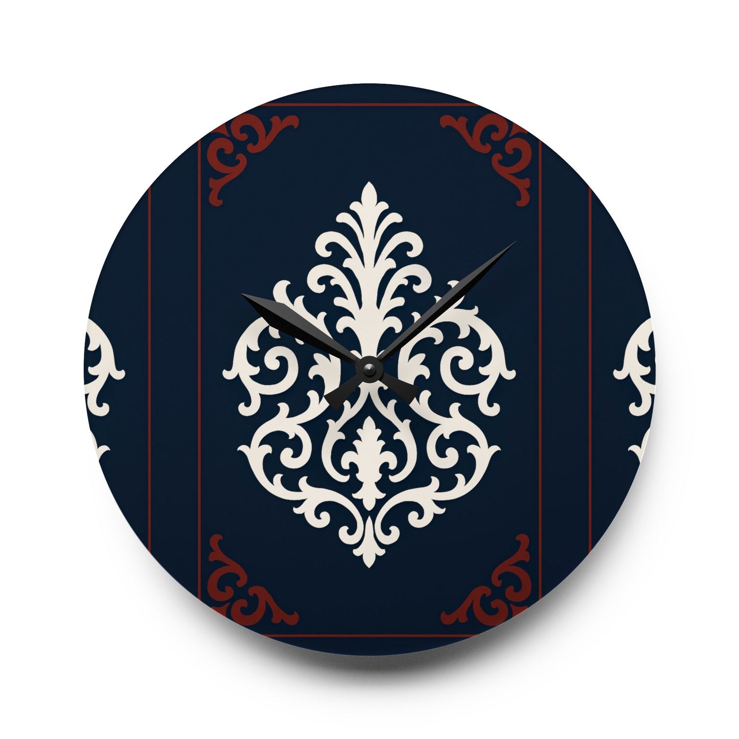 Dusk Blue-Maroon & White Baroque Acrylic Wall Clock — Navy & Ivory Decorative Timepiece