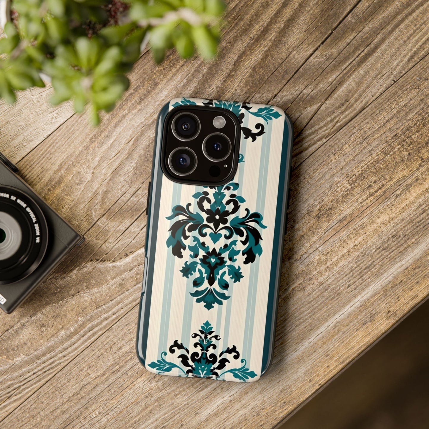 Elegant Floral Phone Case - Tough Cases with Vintage Design - Teal Striped Damask