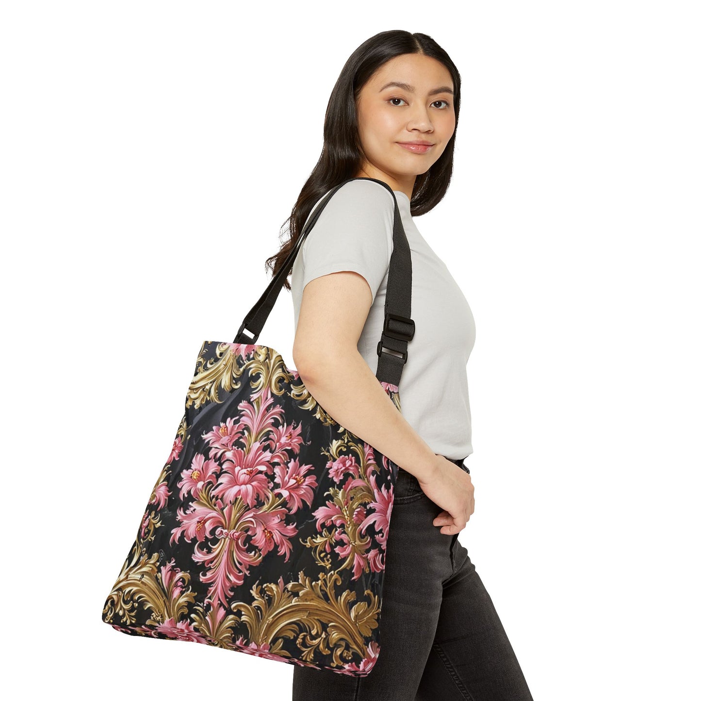 Elegant Floral Adjustable Tote Bag, Stylish Purse, Travel Bag, Women's Handbag, Fashion Accessory - Black & Pink Oil Painting Style Rococo