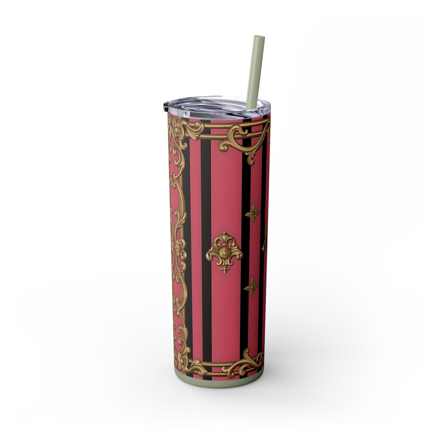 Elegant Pink Striped Skinny Tumbler with Straw, 20oz, Stylish Drinkware, Custom Gift Idea, Travel Mug, Wedding Gift - Pink Striped Gold Rococo