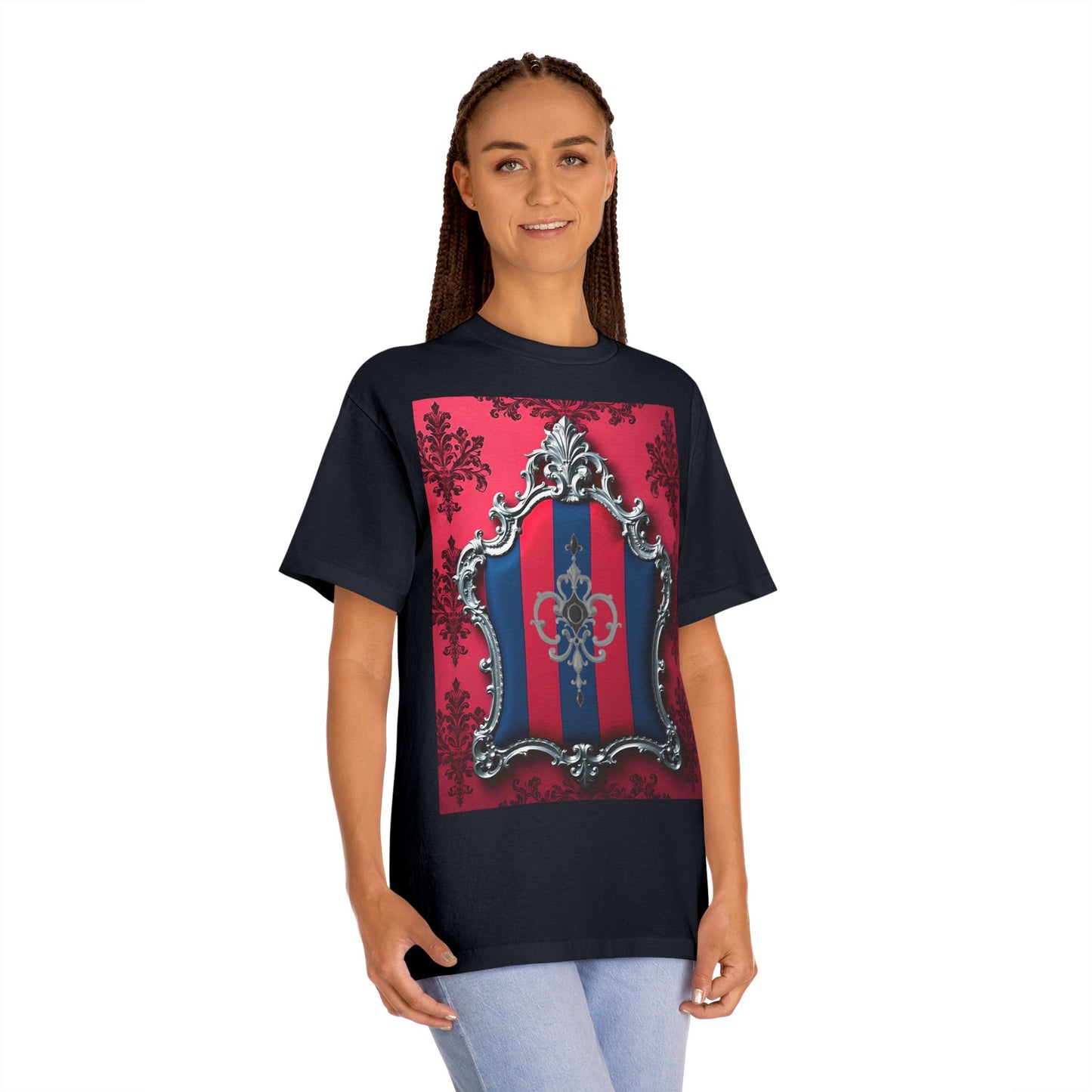 Vintage Couture Shield Unisex Classic Tee, Fashion T-Shirt, Gift for Fashion Lovers, Casual Wear, Unique Graphic Shirt - Blue & Red Striped Silver Crest