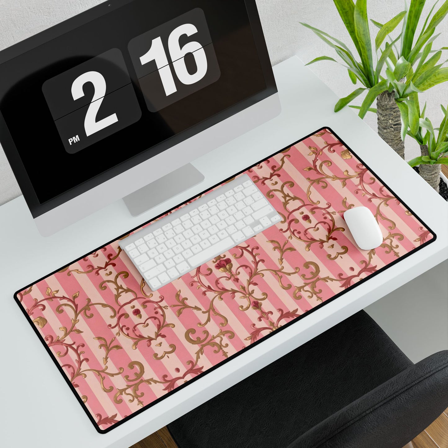 Elegant Floral Motif Desk Mat for Home Office Decor - Pink Striped Rose Gold Damask
