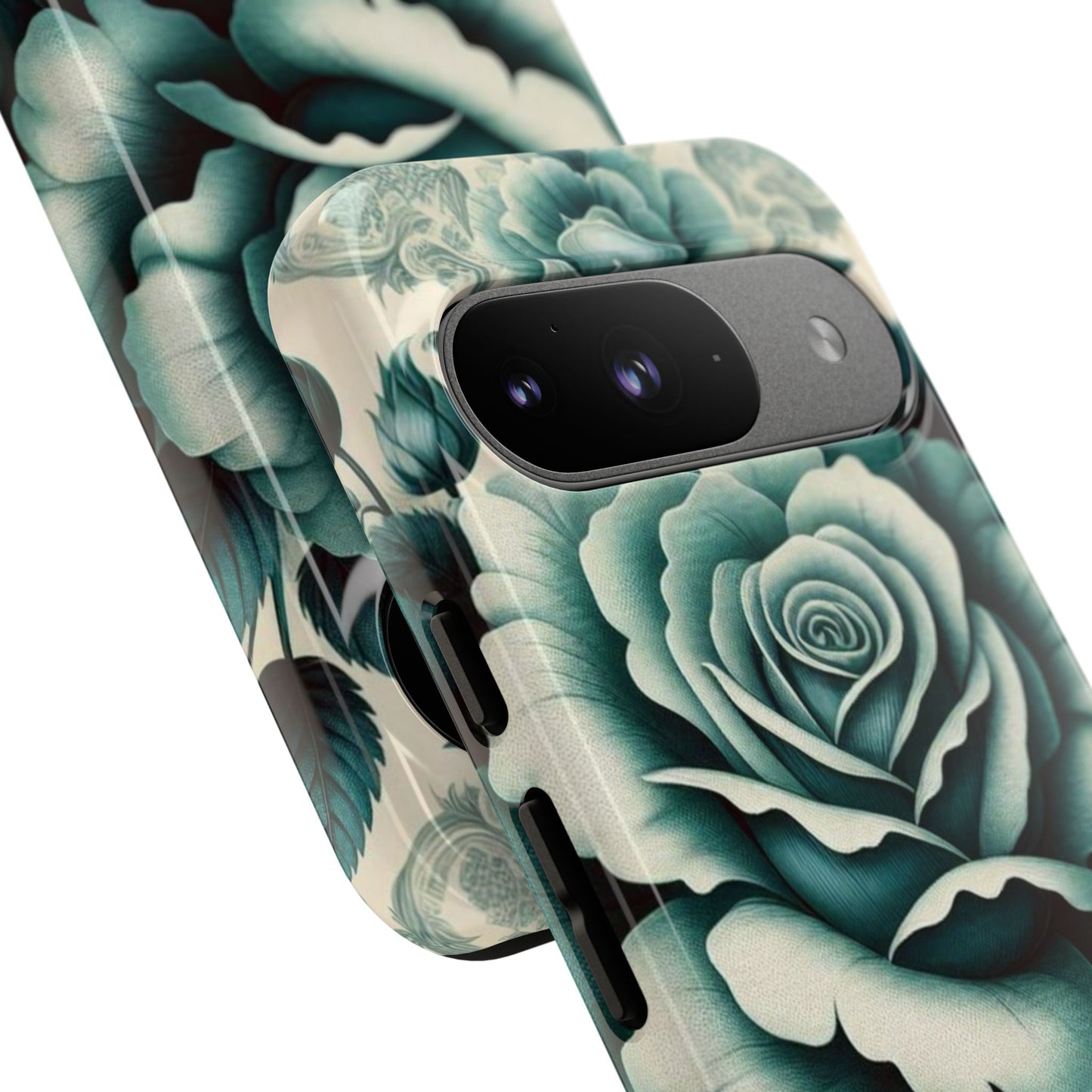 Elegant Floral Motif Phone Case - Tough Cases with Vintage Design - Teal Roses & Damask