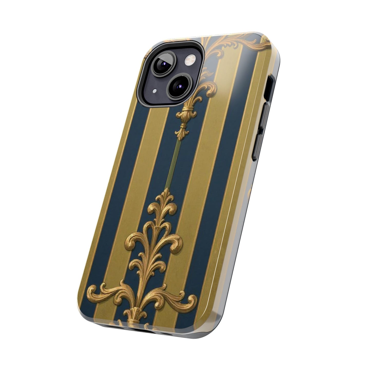 Elegant Midnight Blue & Olive Striped Gold Baroque Tough Phone Case, Phone Cover, Durable Case for Protection, Stylish Gift for Him/Her
