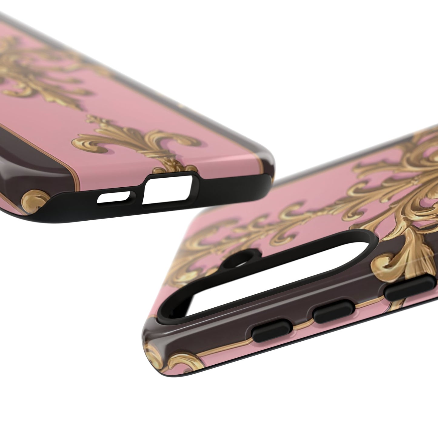 Elegant Floral Motif Phone Case - Tough Cases with Vintage Design - Pink & Brown Striped Gold Damask