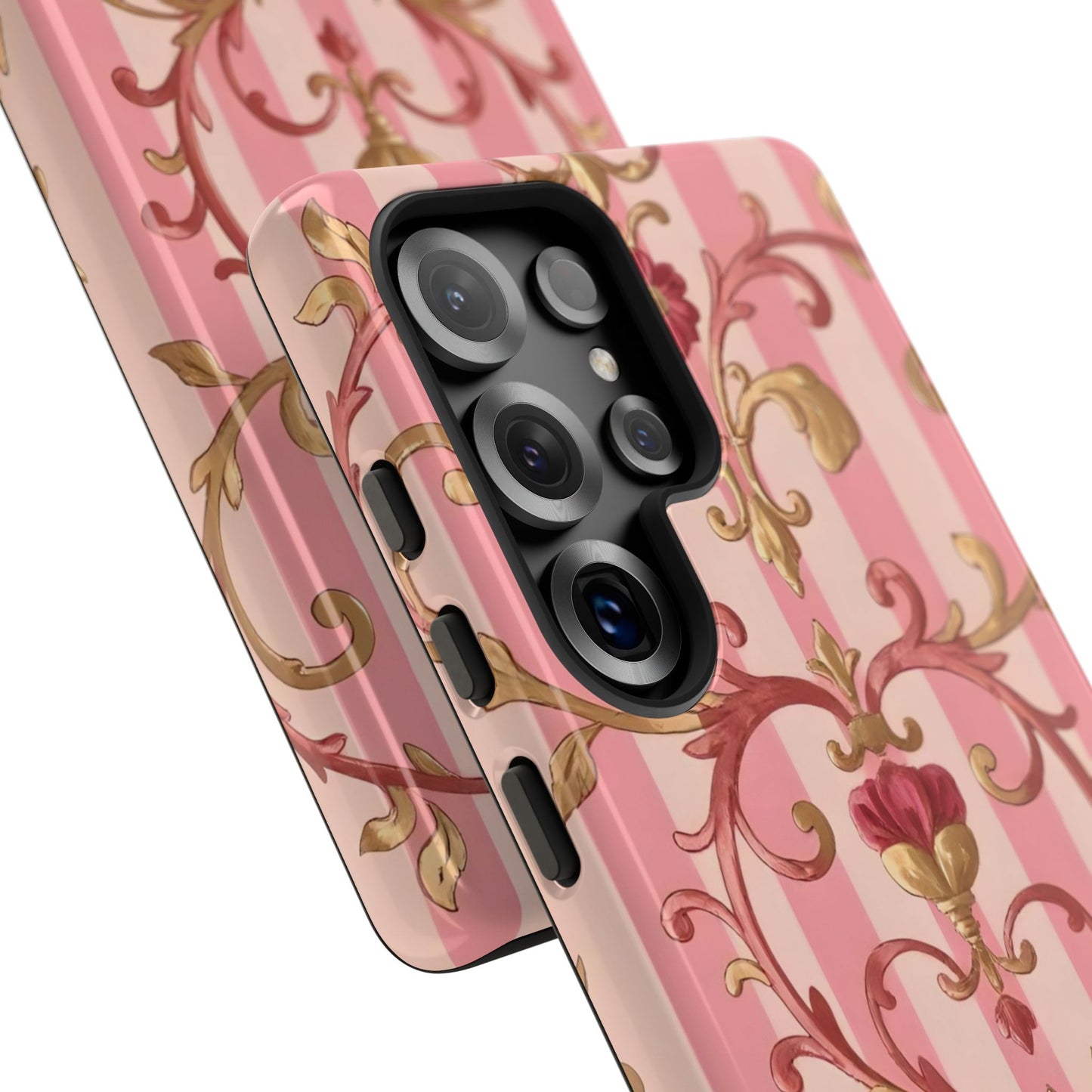 Elegant Floral Motif Phone Case - Tough Cases with Vintage Design - Pink Striped Rose Gold Damask
