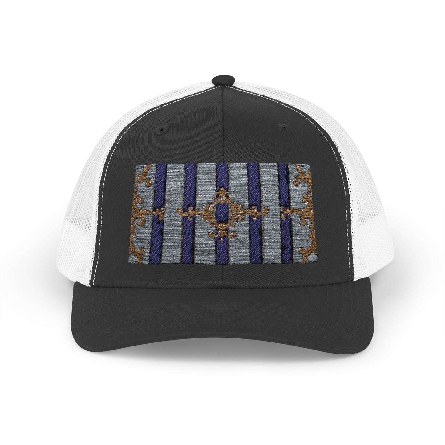 Stylish Snapback Trucker Cap with Vibrant Pattern, Trendy Hat for Outdoor Adventures, Casual Wear - Striped Gold Baroque