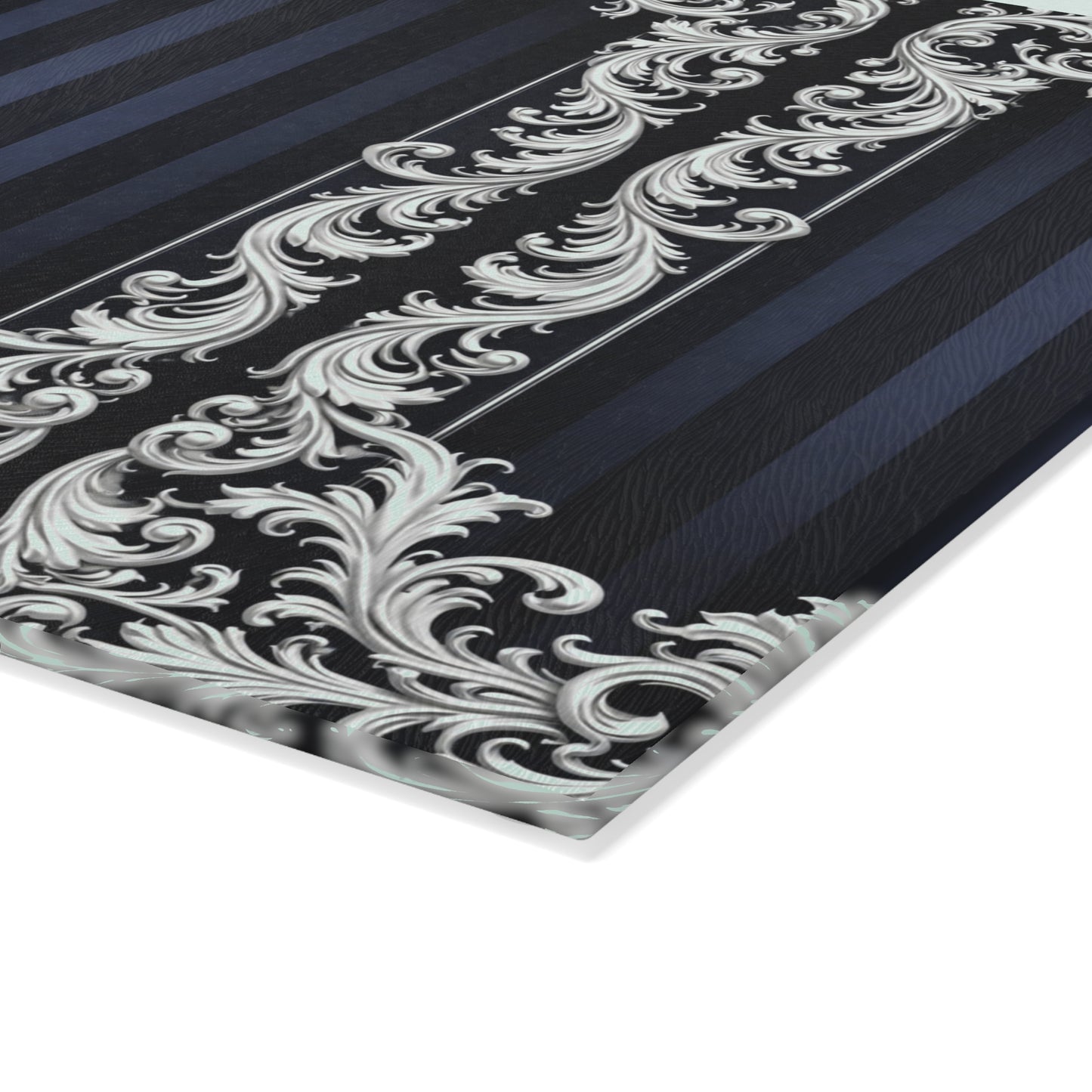 Navy Stripes & Baroque Glass Cutting Board — Elegant Vintage Baroque Scroll Design (Blue or Silver)