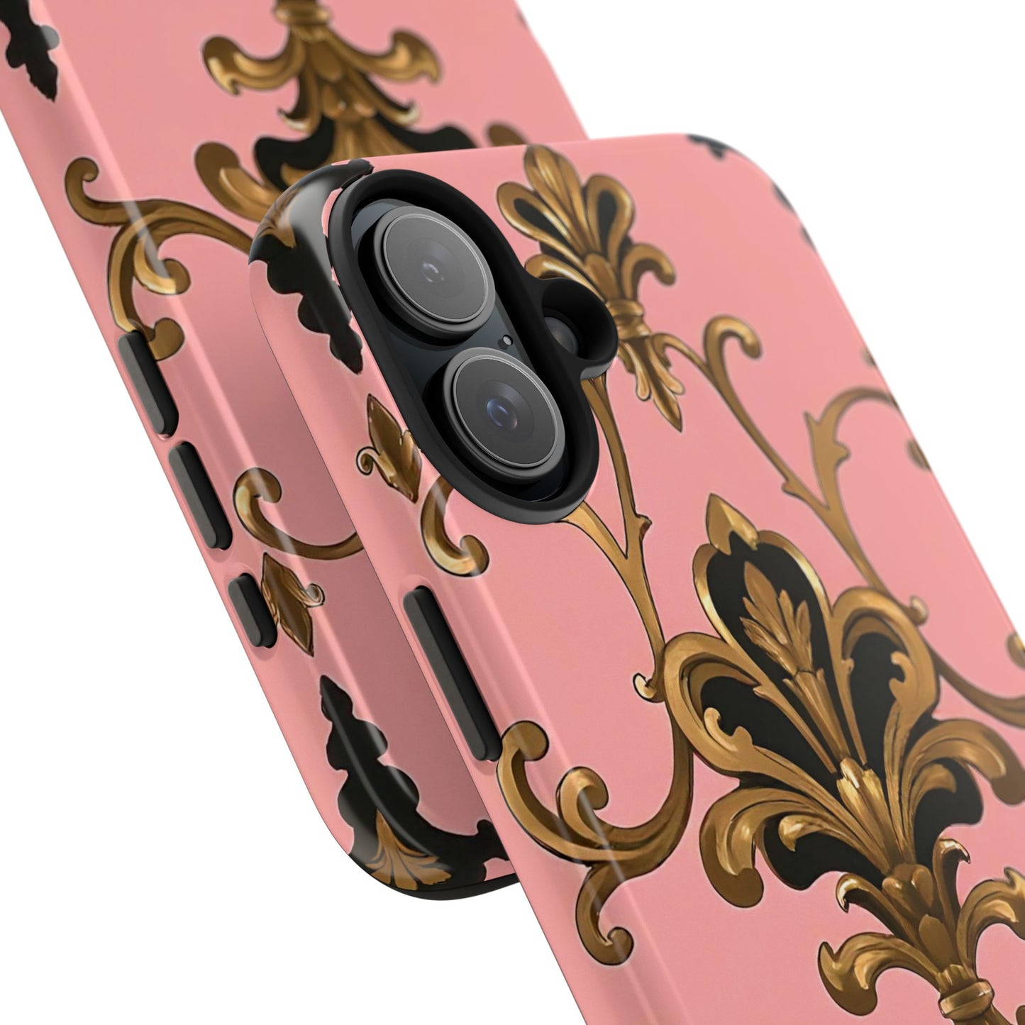 Chic Tough Phone Cases with Floral Design, Elegant Phone Cover, Durable Smartphone Case, Stylish Tech Accessory - Pink, Black & Gold Rococo