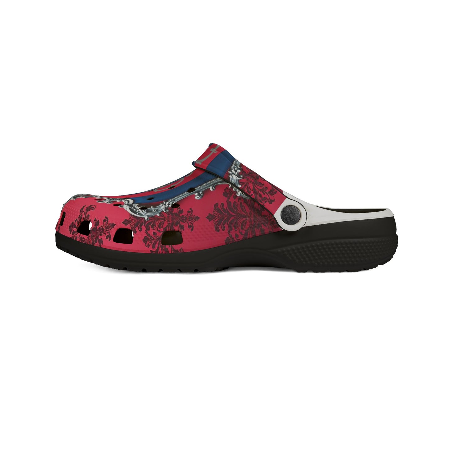 Stylish EVA Foam Rubber Clogs - Vibrant Floral Design, Comfortable Garden Footwear, Trendy Summer Shoes - Blue & Red Striped Silver Crest