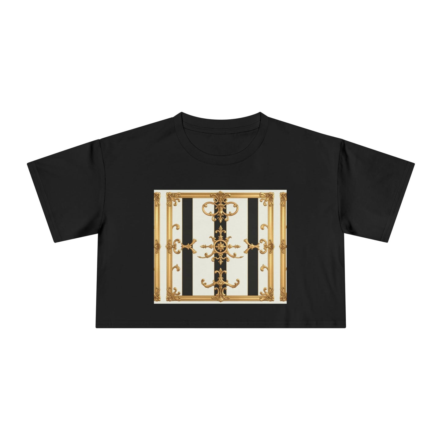 Chic Gold Baroque Women's Crop Tee, Stylish Summer Top, Fashionable Gift for Her, Casual Fashion - Black & White Striped Gold Baroque