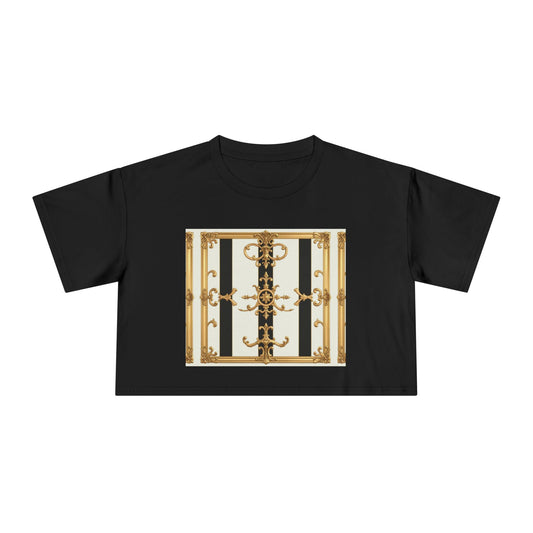 Chic Gold Baroque Women's Crop Tee, Stylish Summer Top, Fashionable Gift for Her, Casual Fashion - Black & White Striped Gold Baroque