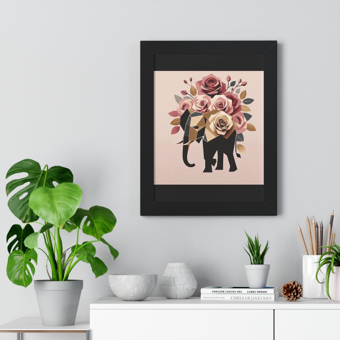 Vertical Poster - Black & Gold Elephant & Roses Wall Art
