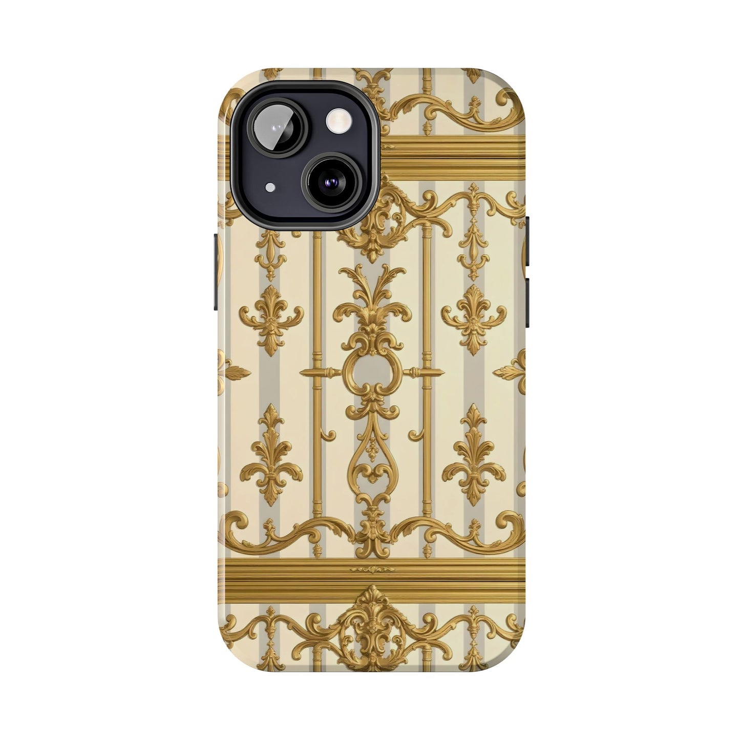 Elegant Gold Pattern Tough Phone Cases | Stylish Phone Covers, Trendy Cell Phone Accessories - Matte Gray & Cream Striped Gold Baroque