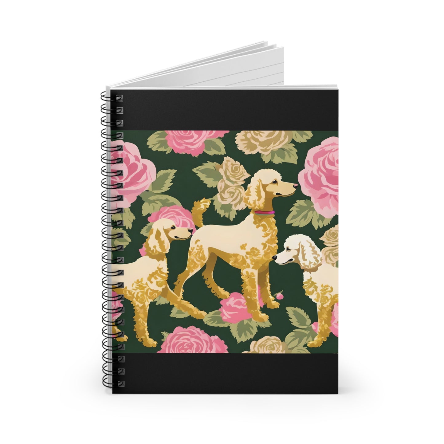 Elegant Vintage Spiral Notebook - Ruled Line with Damask Poodles In Dark Green & Pink Roses