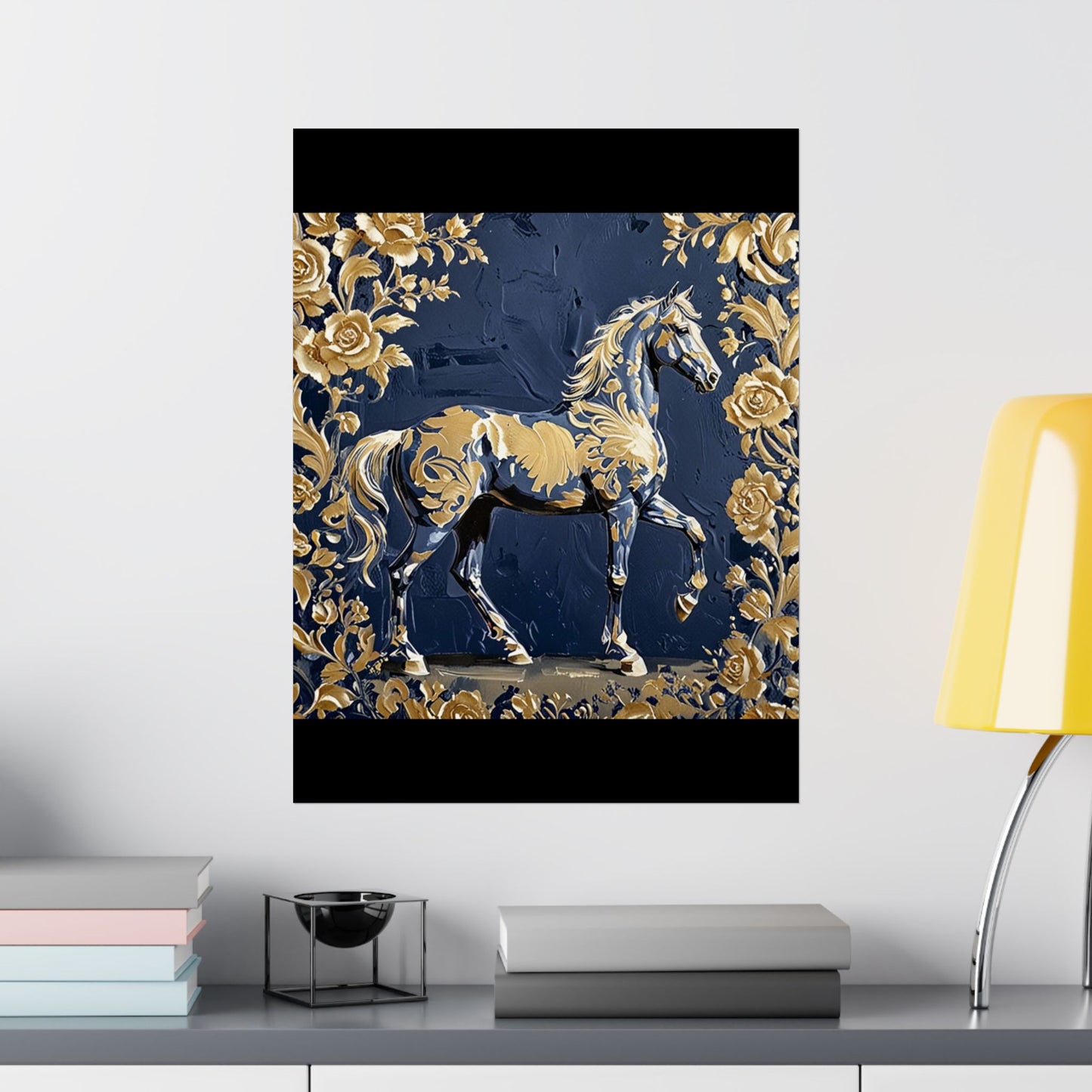 Floral Motif Art Poster - Elegant Matte Vertical Wall Decor - Midnight Blue & Gold Damask Horse