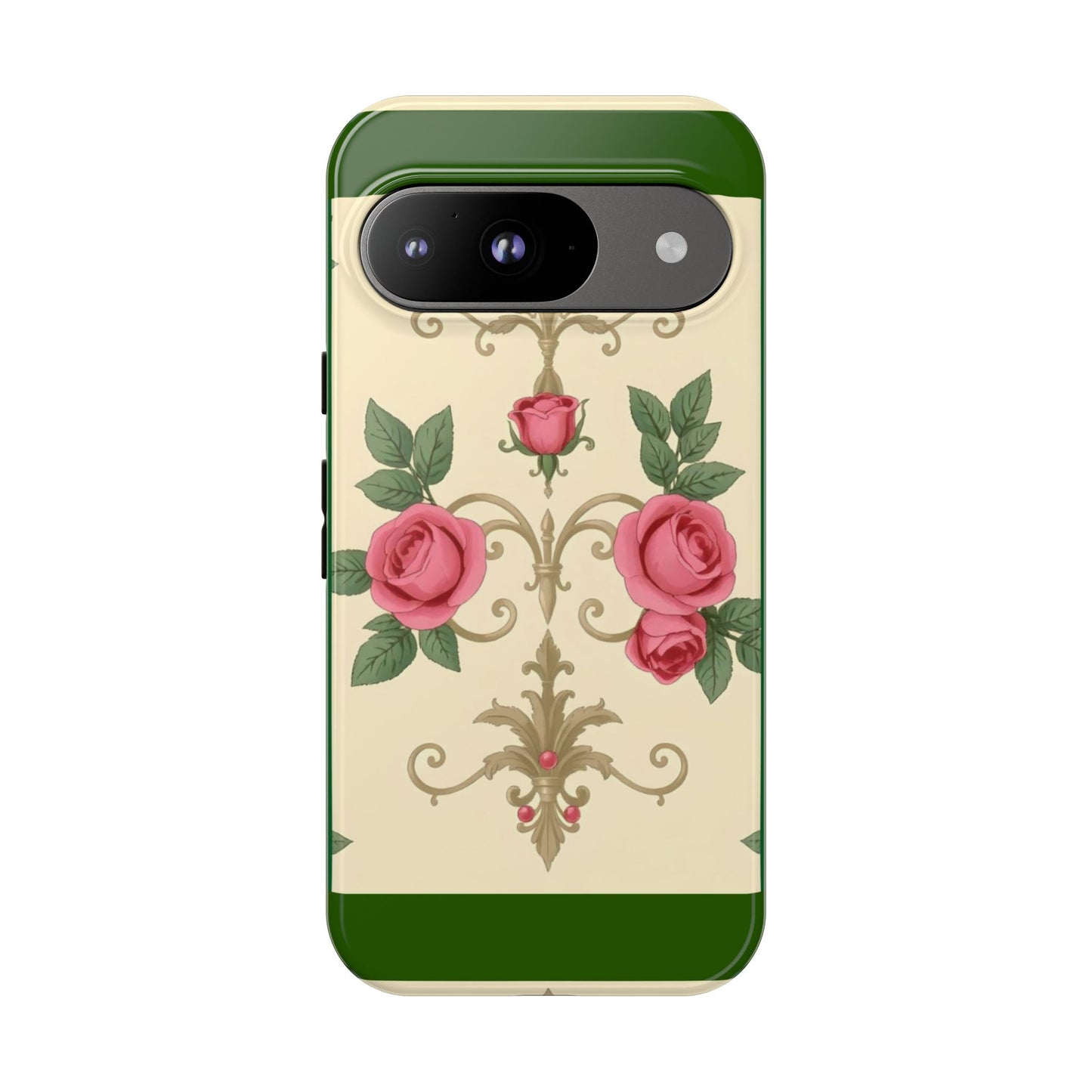 Elegant Floral Motif Phone Case - Tough Cases with Vintage Design - Green Border Roses & Damask